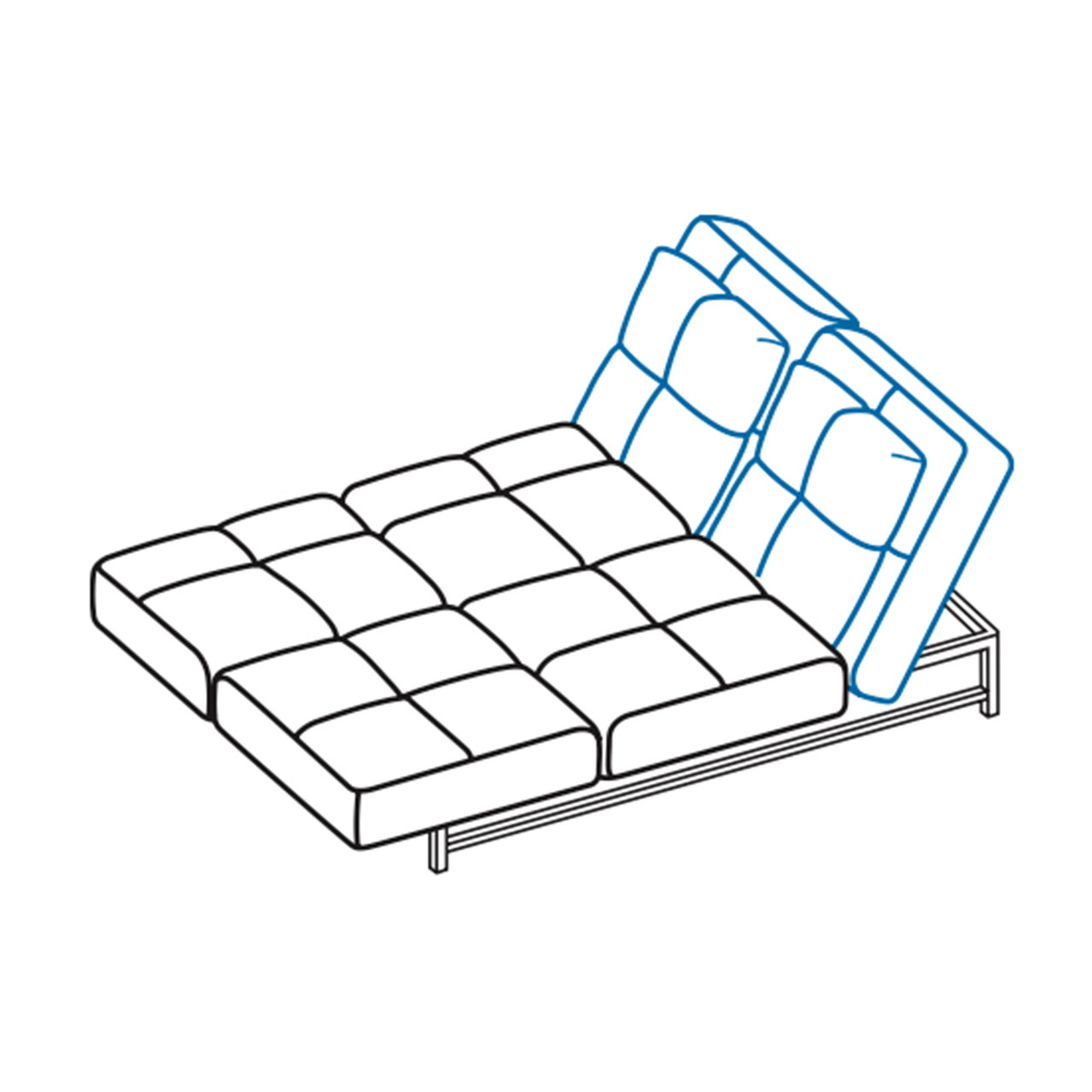 Maßzeichnung für das Multifunktionssofa cross over 74415 umgebaut zur Doppelliege mit Kopfteil rechts.