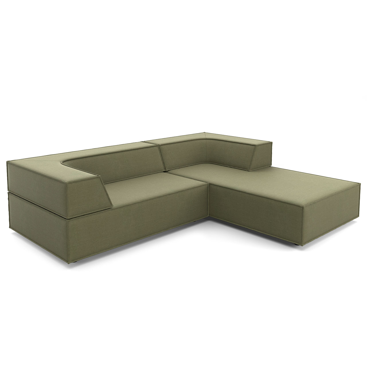 Polsterecke aus grünem Stoff: Links kürzeres Element mit längerer Rückenlehne als Sitzfläche. Rechts das längere Element mit kurzer Rückenlehne dient als Ottomane.