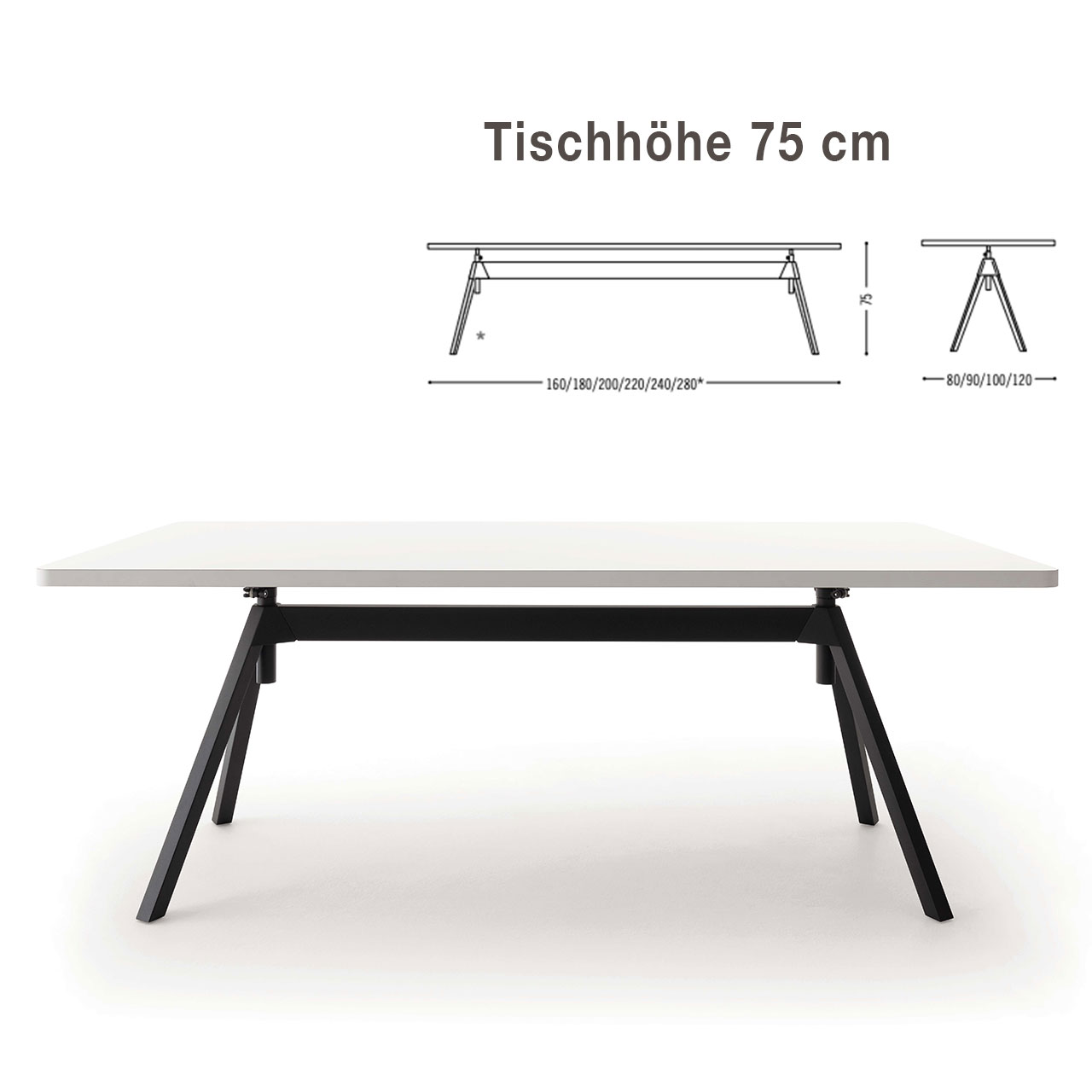 Tisch mit schwarzem Zargengestell und weißer quadratischer Tischplatte
