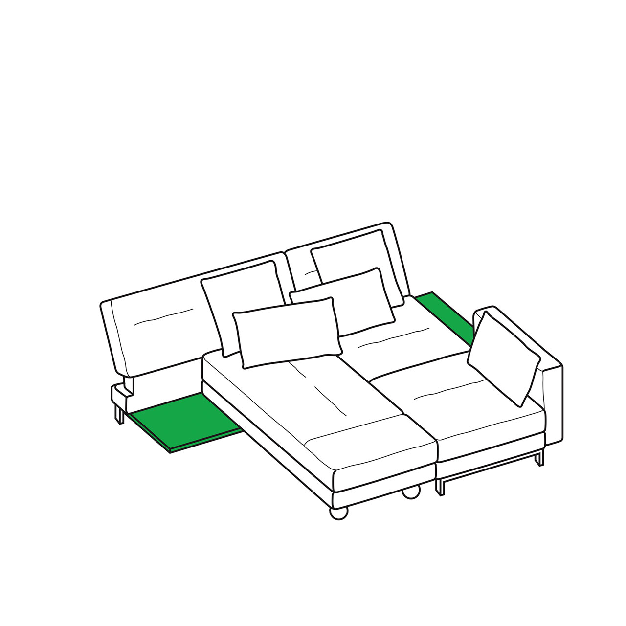 Maßzeichnung brühl four-two soft Eckgarnitur, umgeschwenkt zur Liegefläche 