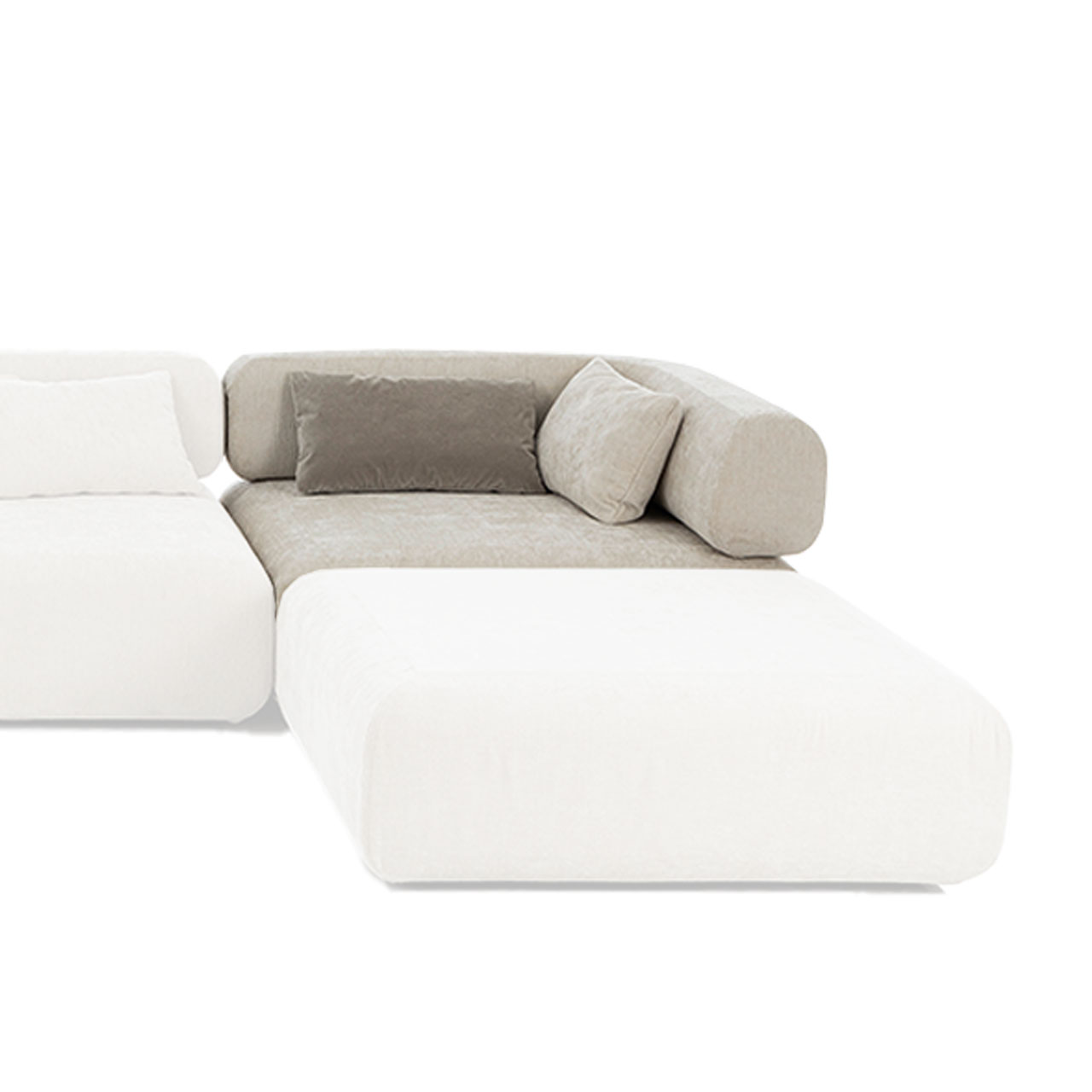 U-förmige beige Sitzgarnitur der Serie all together. Das Eckelement hinten rechts wurde farblich hervorgehoben.