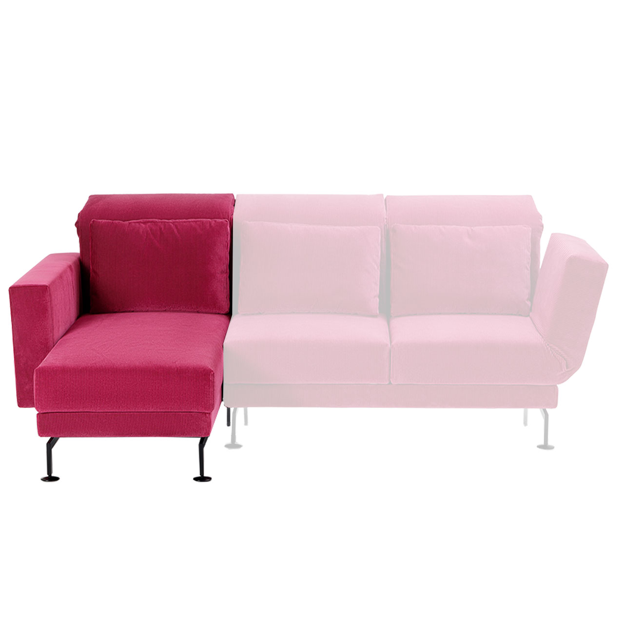 Brombeerfarbener Longchair mit Armlehne links.