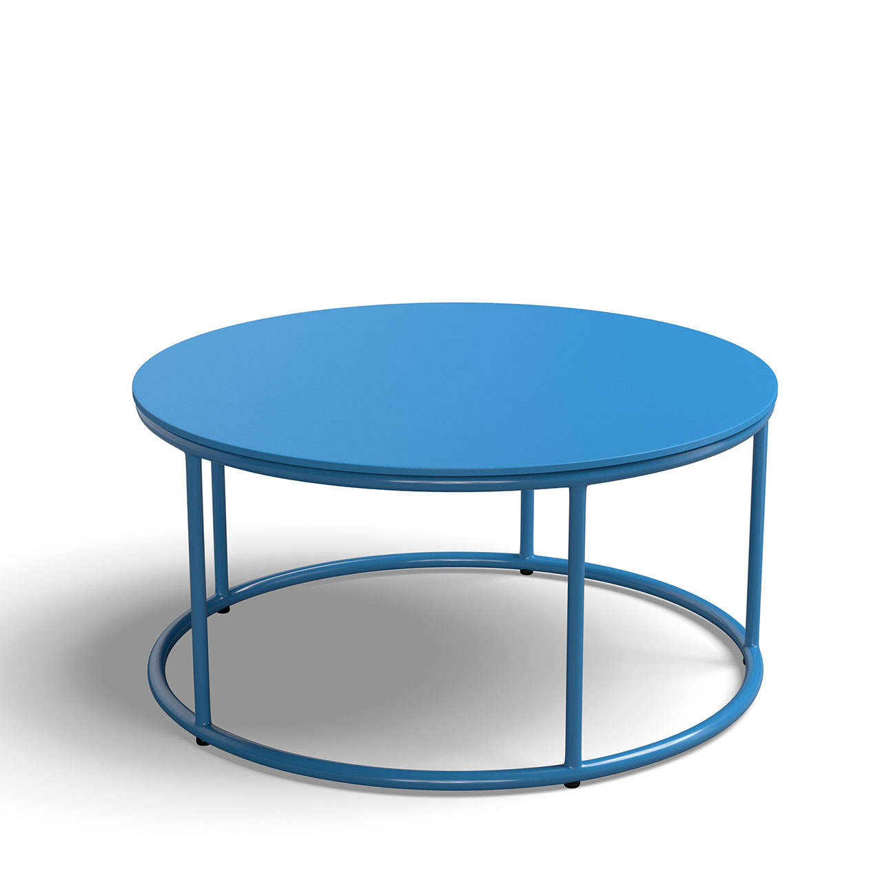 Blauer Beistelltisch mit runder Tischplatte auf rundem Metallgestell