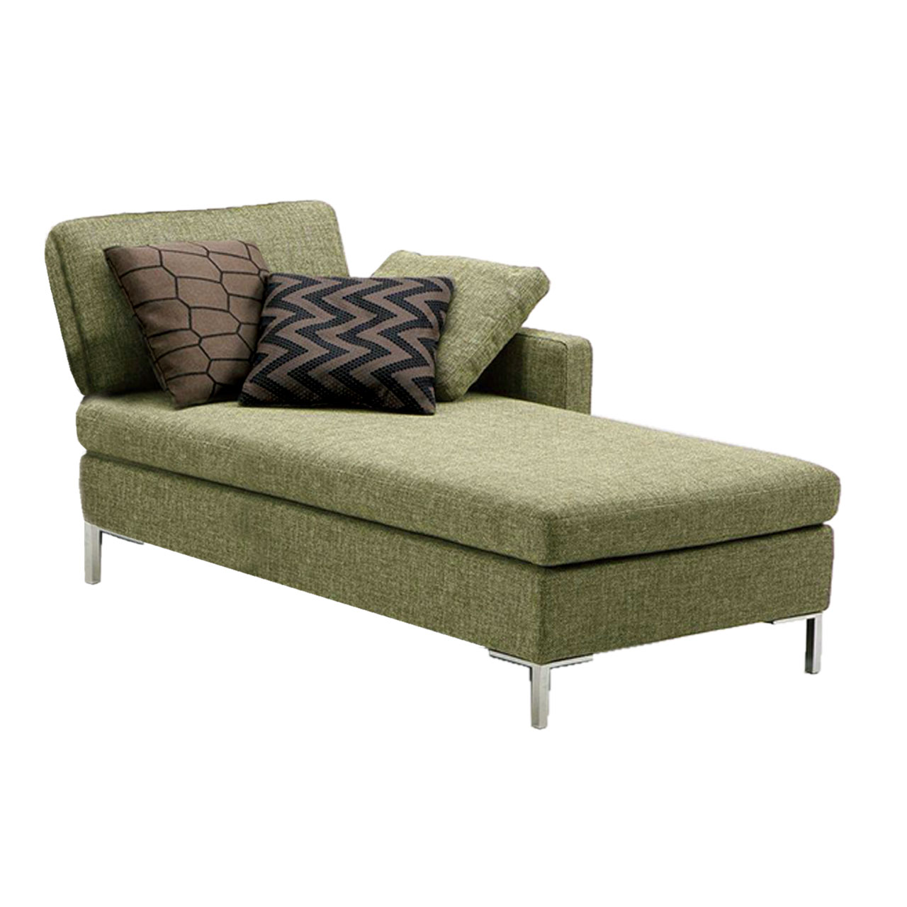 Grüner Longchair mit Füßen in chrom glänzend.