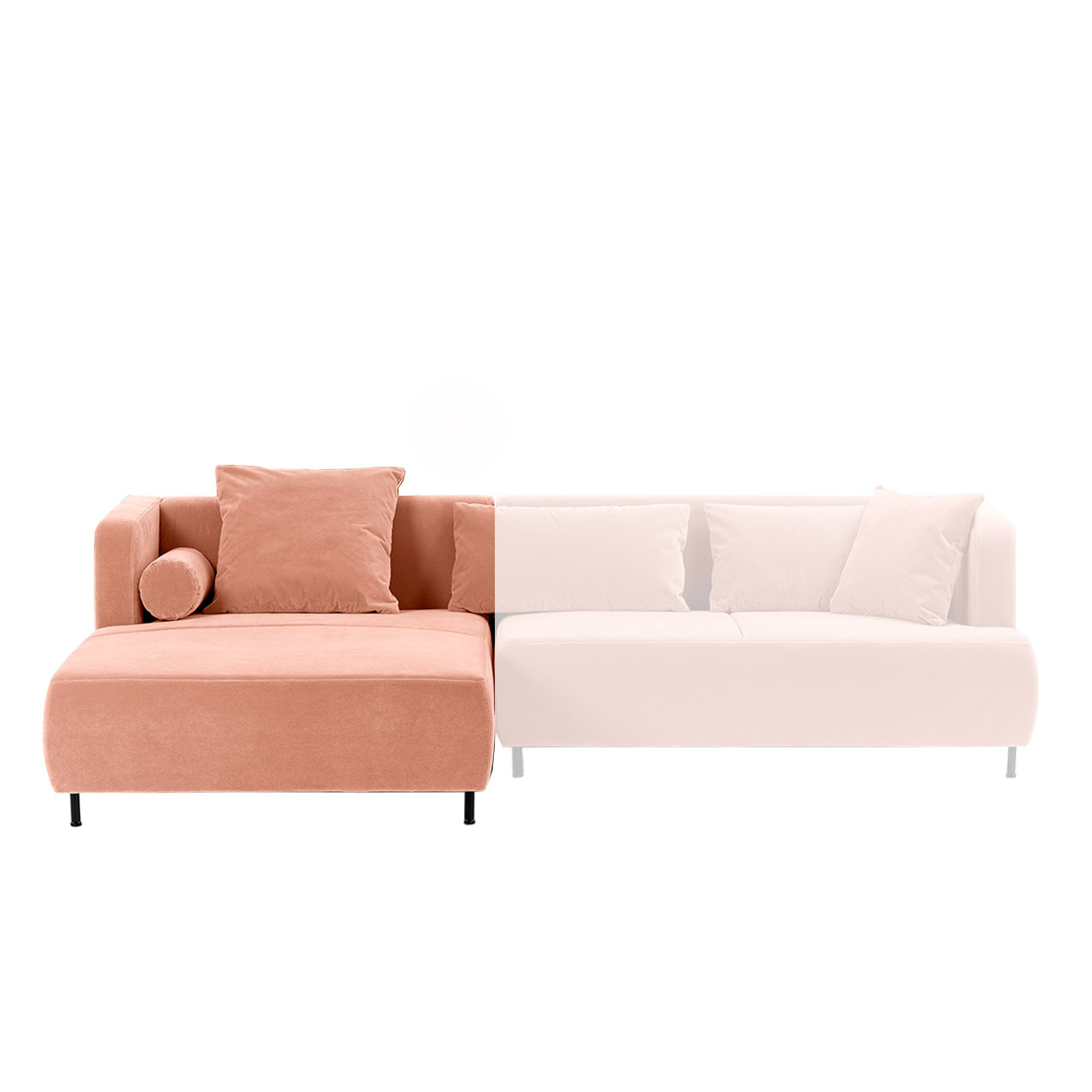 Longchair mit einem quadratischen Kissen und einer Kissenrolle in einem pfirsischfarbenen Stoff.