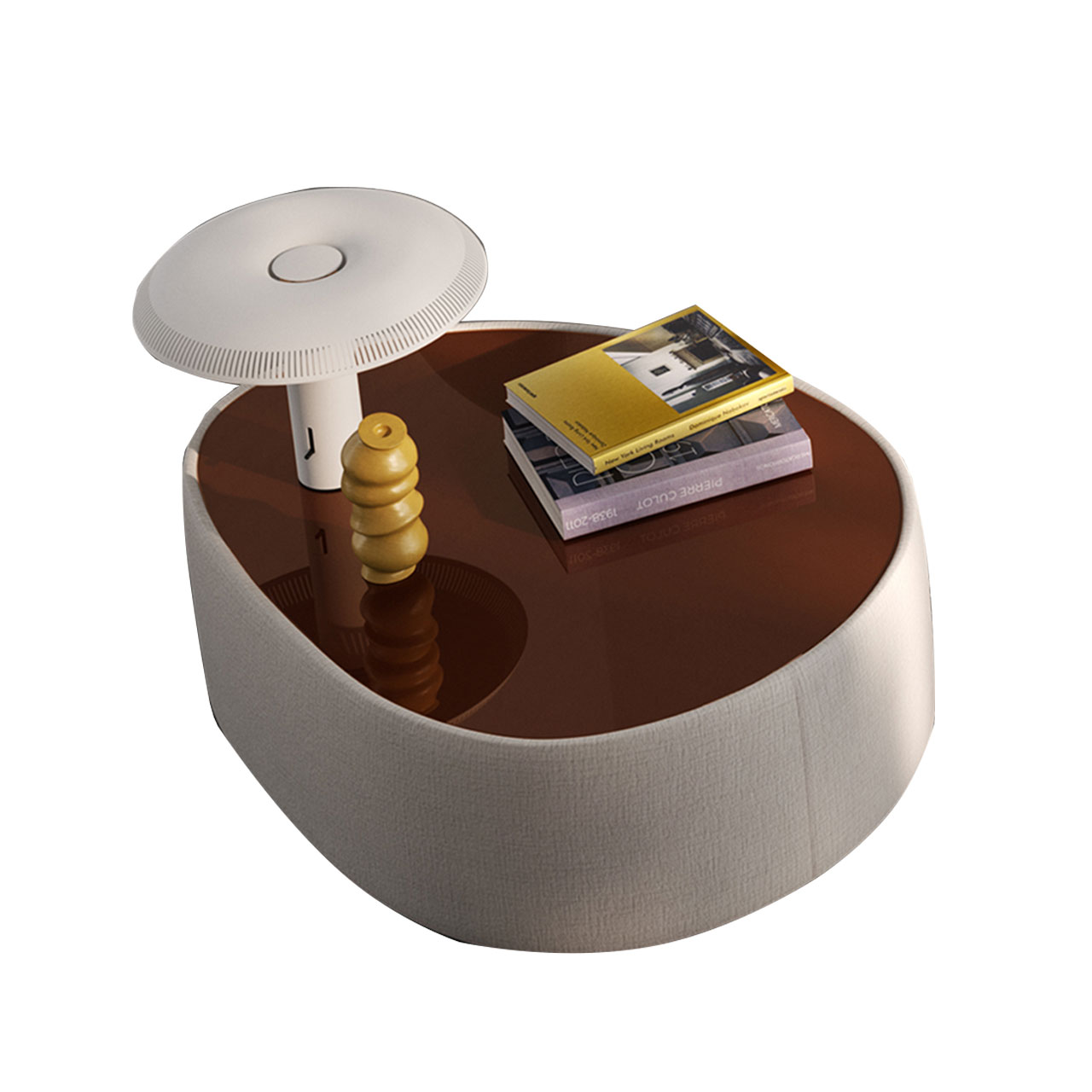 Couchtisch oval mit hellem Stoffbezug und Platte aus Parsolglas in braun.