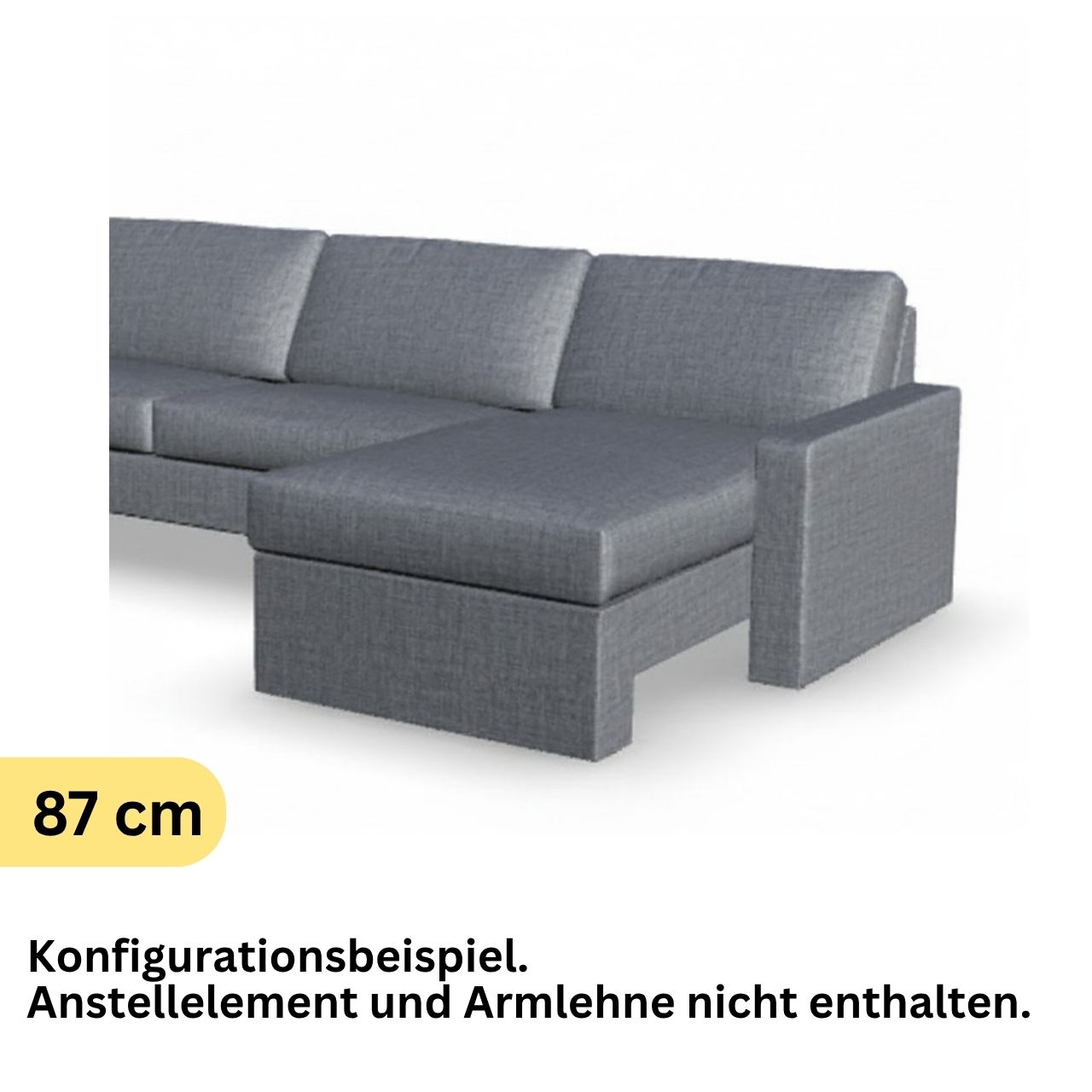 Liegenelement in grauem Stoff und Wangenabschluss. Angeschnitten ist ein Anstellelement zu sehen.