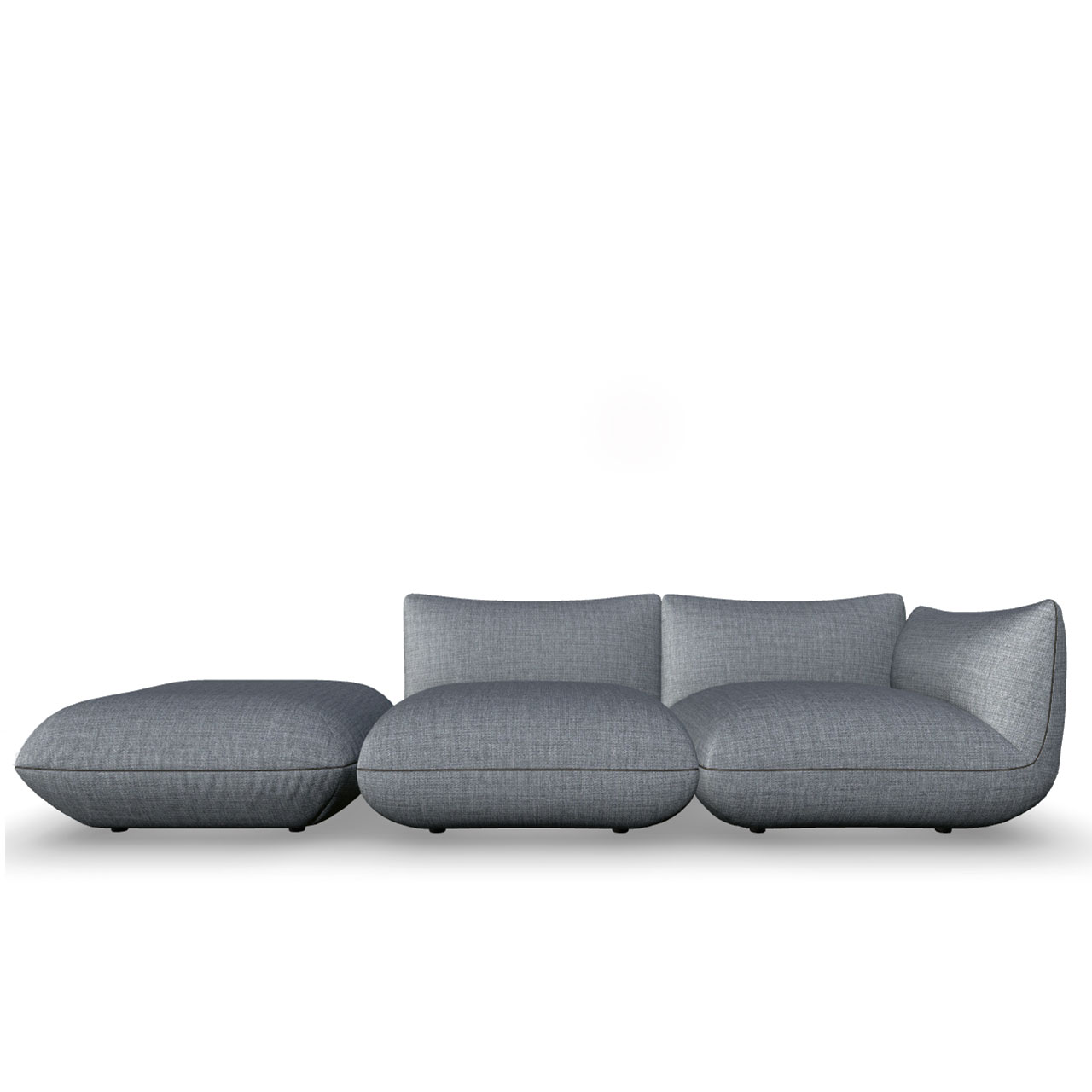 Hocker, rechts daneben Sitzelement ohne Lehne kombiniert mit Element mit Lehne. Grauer Stoffbezug.