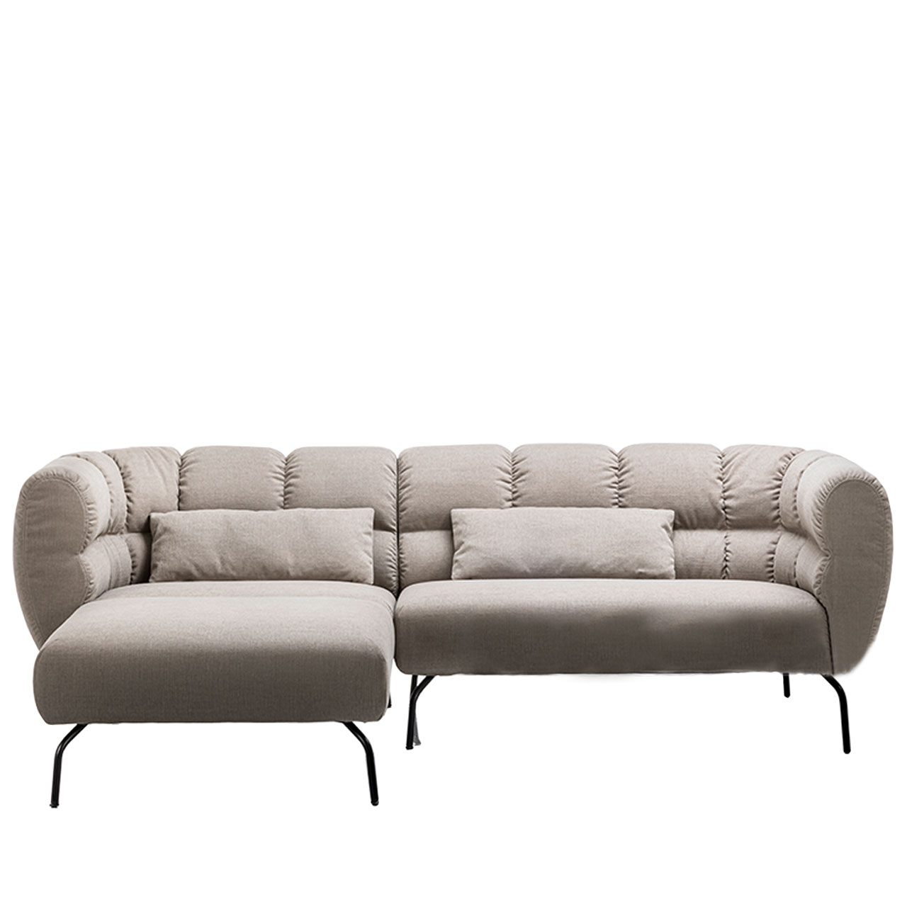 Eckgarnitur von brühl magnolia mit Longchair links in grauem Leder mit schwarzen Füßen.