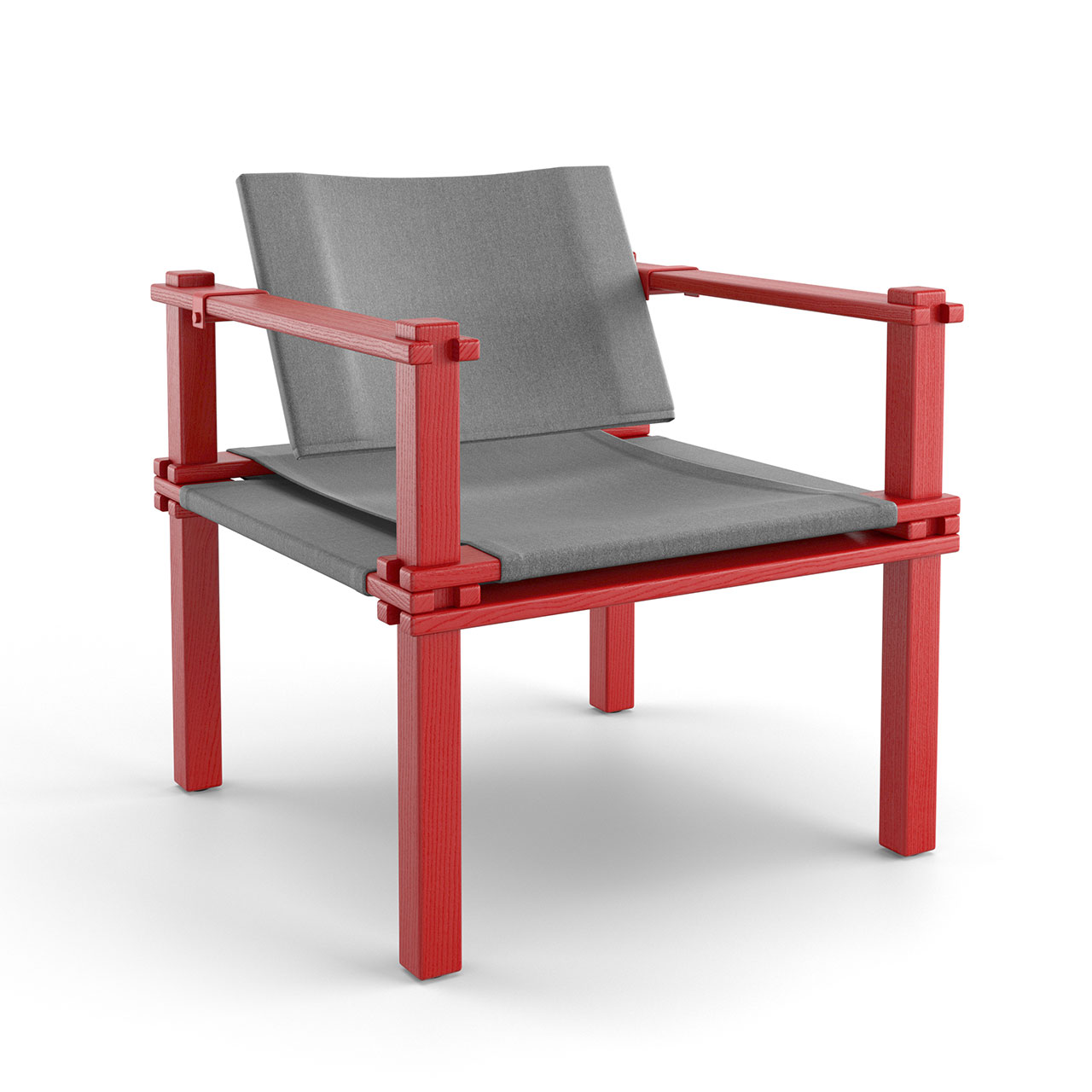 Stuhl mit rotem Holzgestell und grauem Bezug