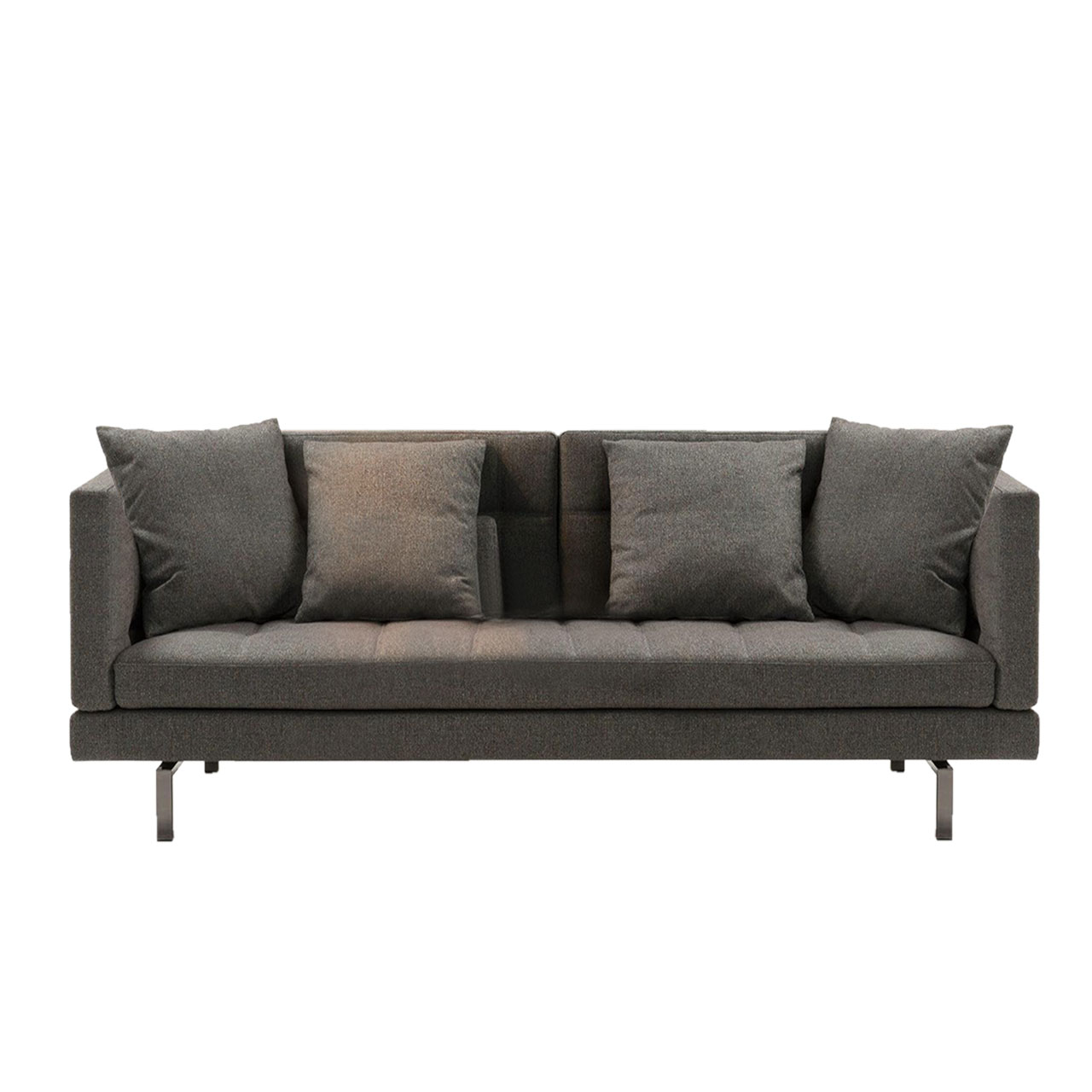 Dunkelbraunes Sofa mit schmalen, halbhohen Armlehnen.