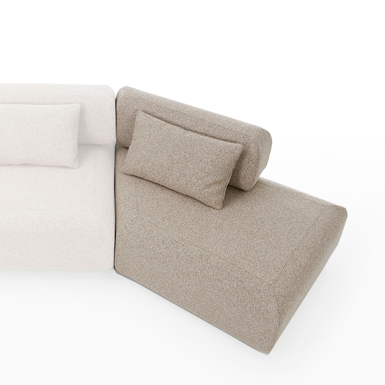 Der Bildausschnitt zeigt ein asymmetrisches, trapezförmiges Polsterelement. Die Rückenlehne ist verkürzt und vom Betrachter aus links angebracht. An der Rückenlehne lehnt ein Kissen.