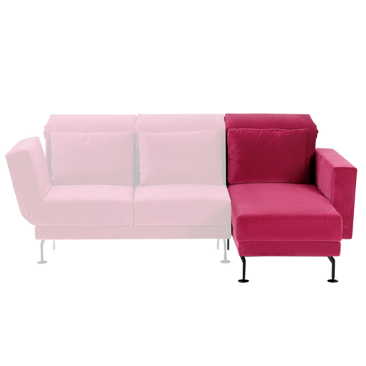 Brombeerfarbener Longchair mit Armlehne rechts.