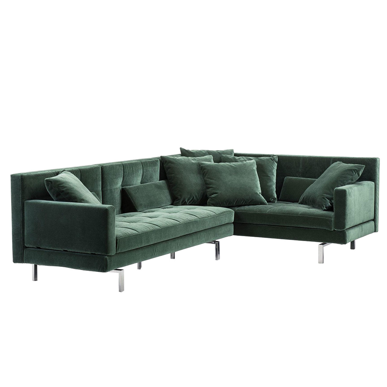 Grüne Eckgarnitur mit schmalen halbhohen Armlehnen.