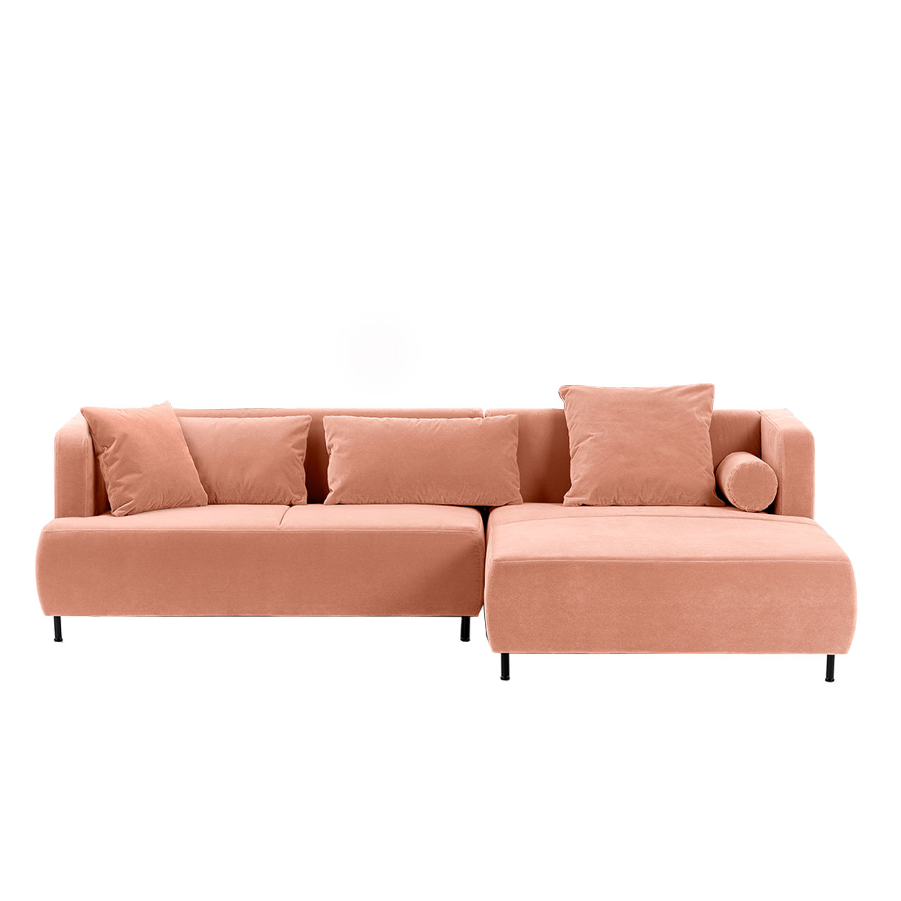 Garnitur bestehend aus einem Anstellsofa und einem breiten Longchair. An Anstellsofa und Longchair wurde jeweils eine Kopfstütze angebracht. Die Kombination ist in einem pfirsischfarbenen Stoff bezogen.