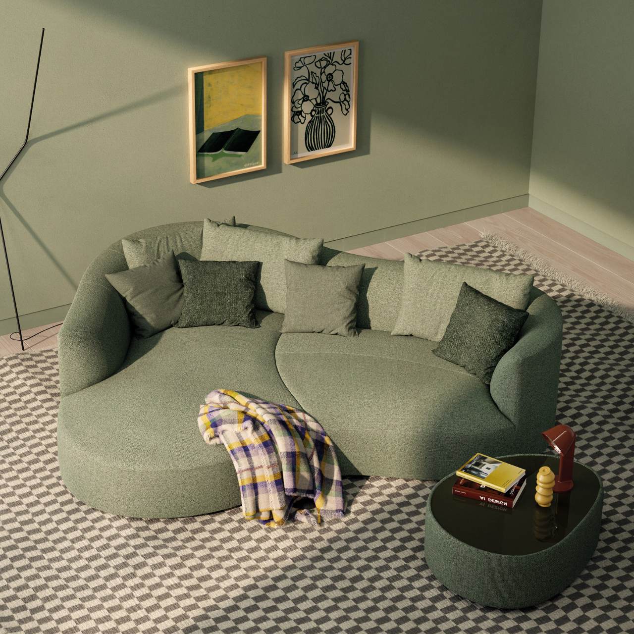 XXL Sofa aus grünem Stoff mit Liegefläche links