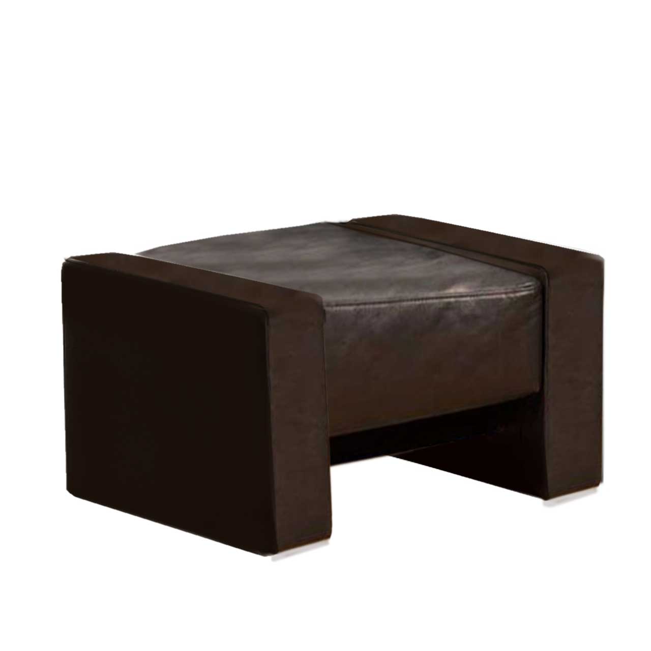 Freigestellter kubischer Hocker in dunkelbraunem Leder.