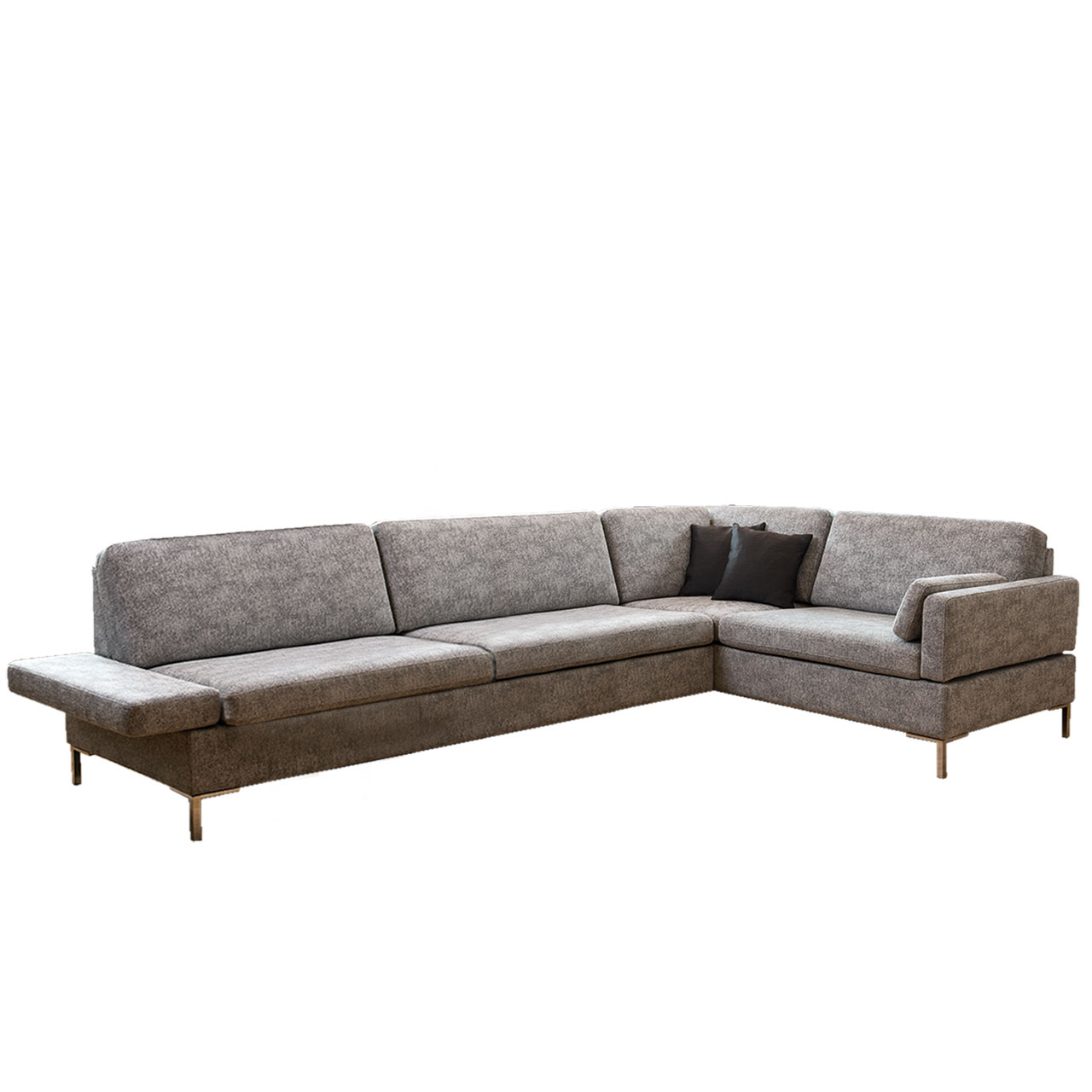 Braune Eckgarnitur mit Anstellsofa links und Eckgarnitur rechts.