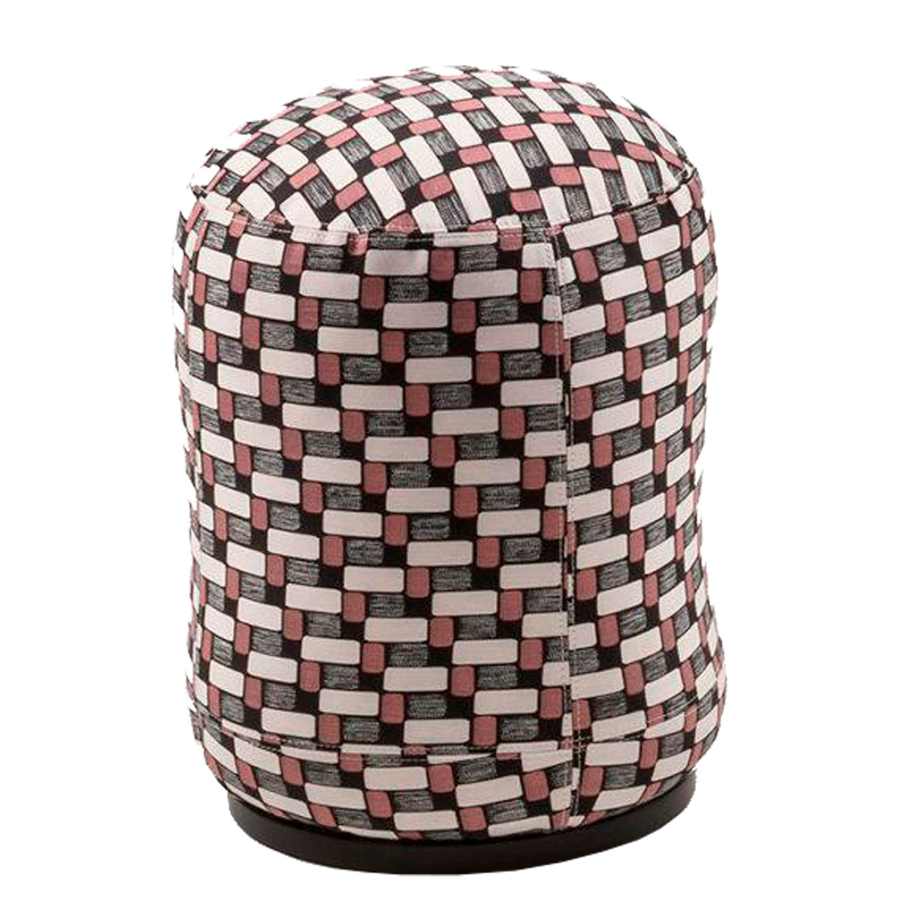 Zylindrischer Hocker mit einer schwarzen Drehbasis. Der Stoff ist schwarz, braun und weiß gemustert.