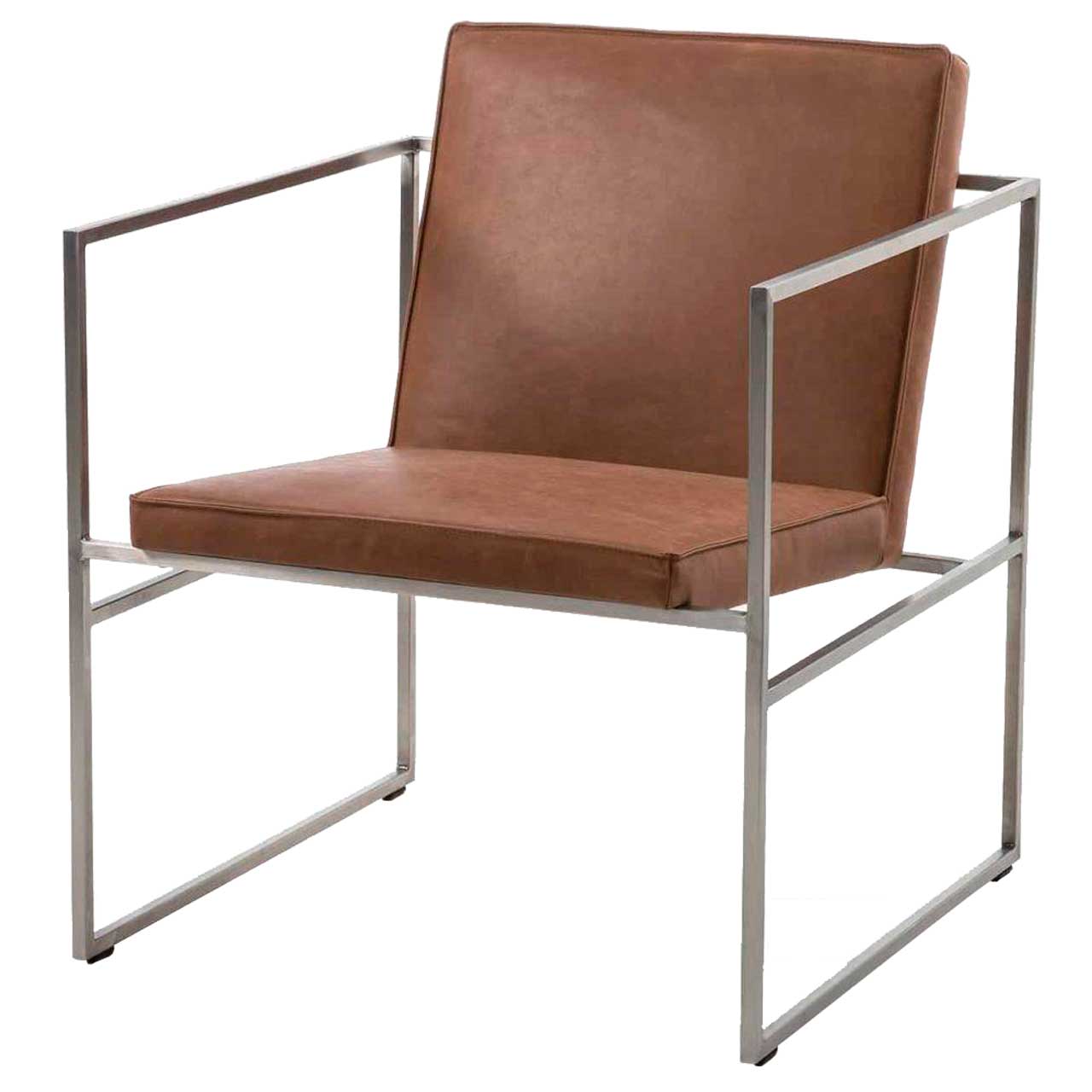 Filigraner Sessel mit braunem Leder bezogen. Das Untergestell ist aus Metall.