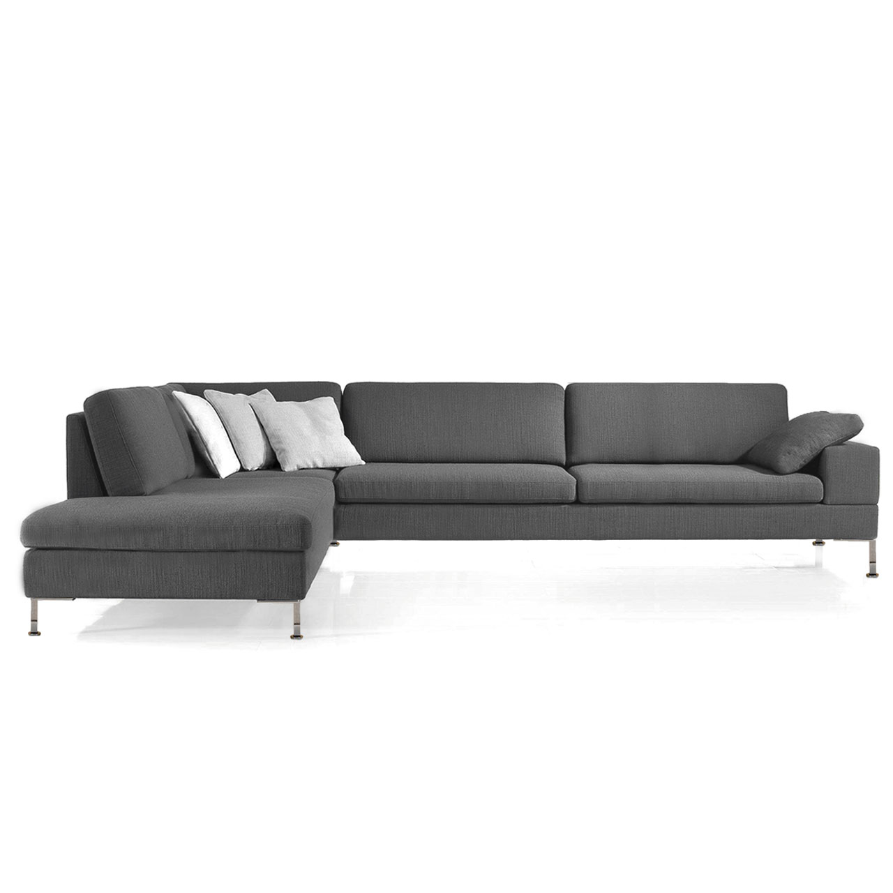 Eckgarnitur in grauem Stoff mit Openend links und Eckanbausofa rechts.