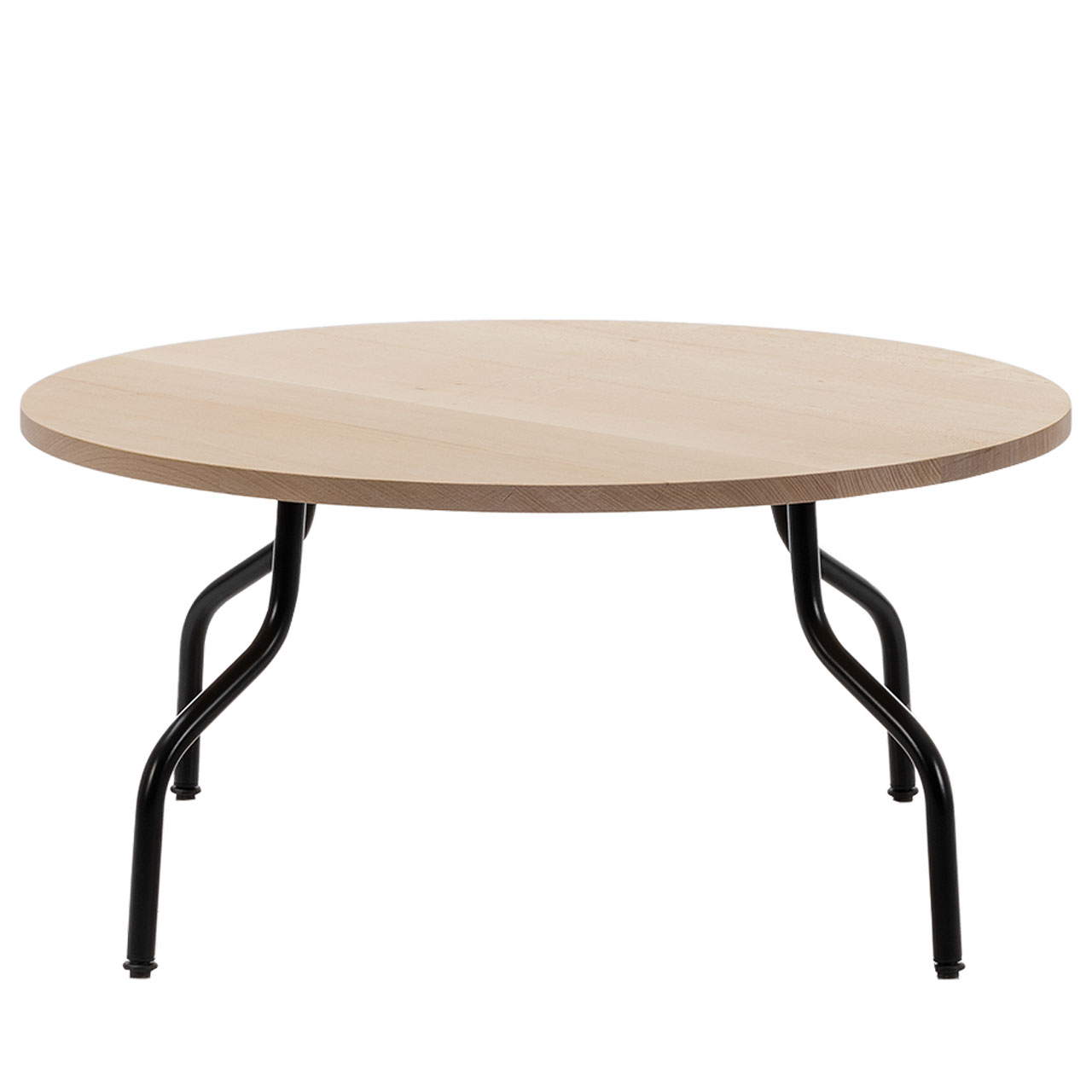 Runder Couchtisch mit einer Platte in Buche natur. Die Tischbeine sind in schwarzem Metall.