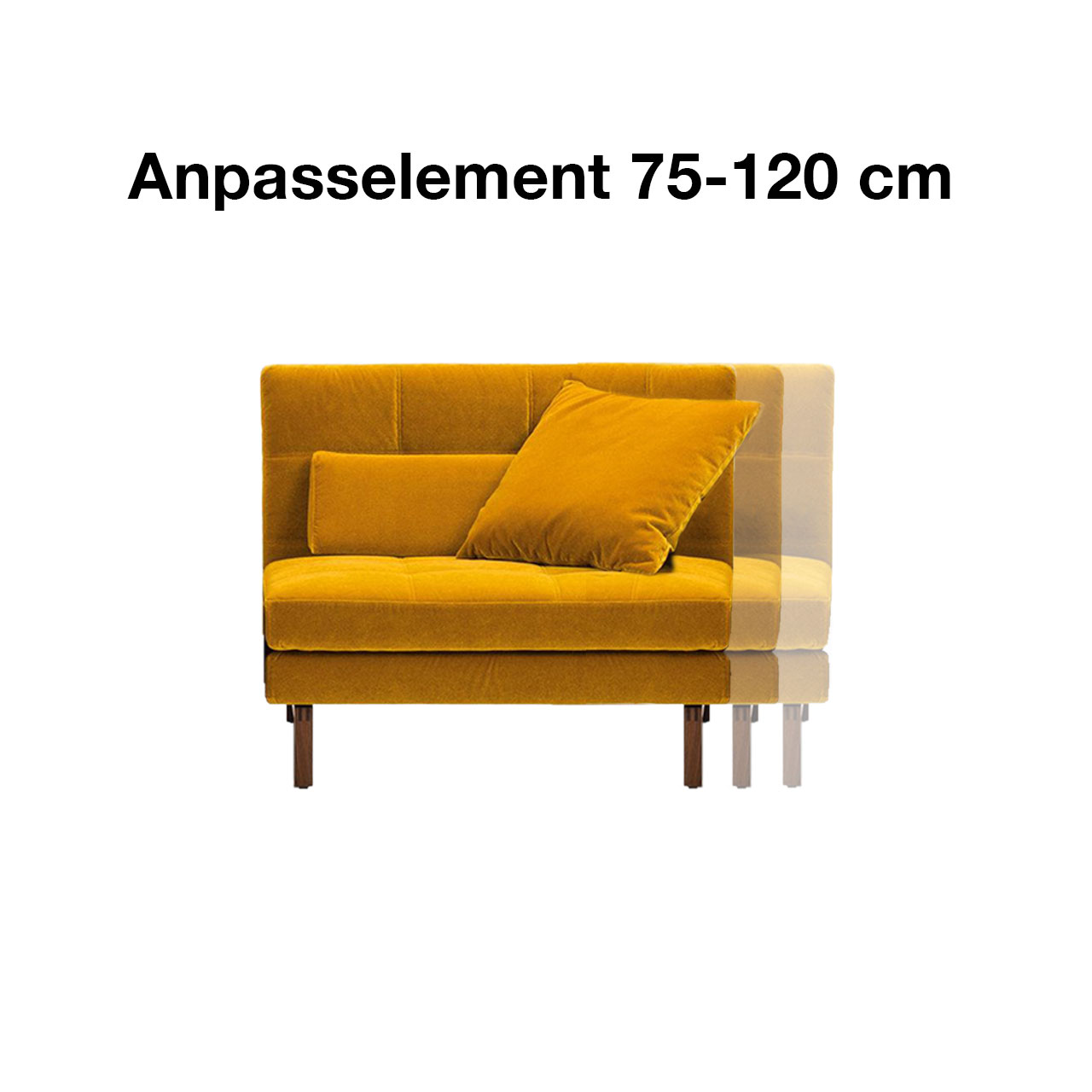 Gelbes Anpasselement für brühl amber. Darüber Schrift: Anpasselement 75 bis 120 cm.