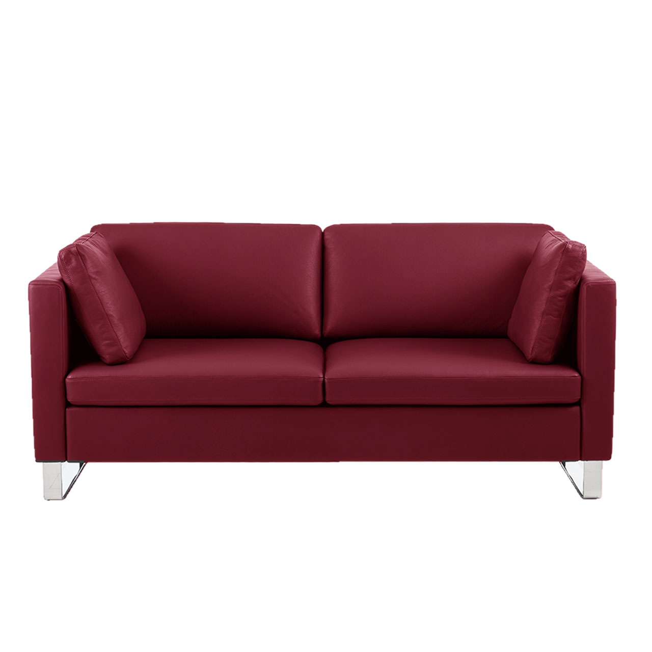 Rotes Sofa mit zwei Sitzplätzen.
