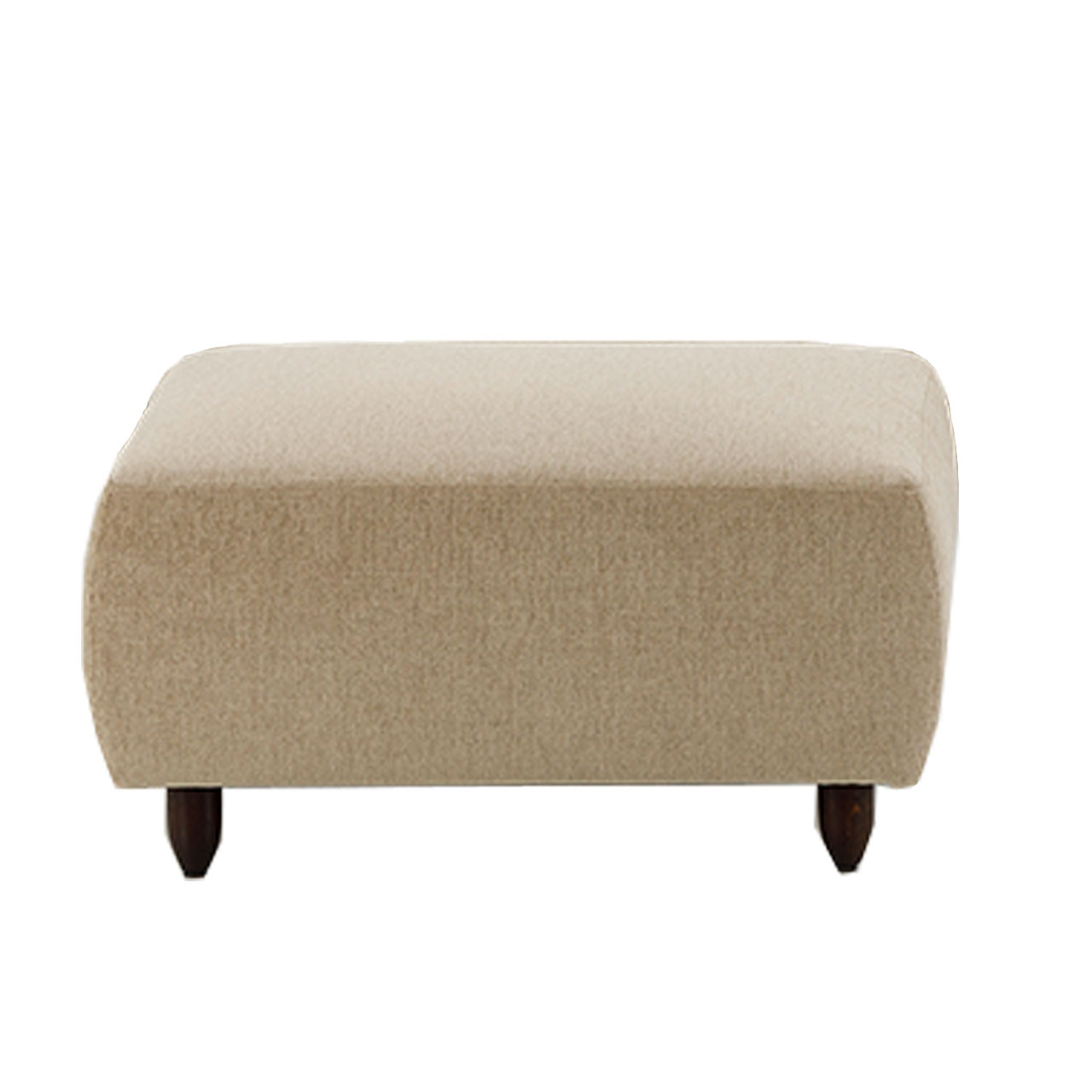 Quadratischer Hocker mit konischen Holzfüßen. Der Stoff ist beige.