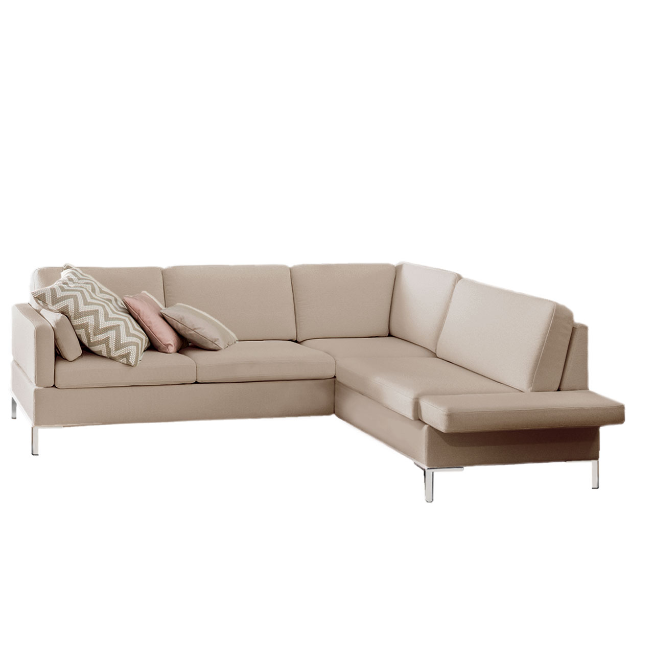 Cremefarbene Eckgarnitur mit Anstelsofa links und Eckanbausofa rechts.