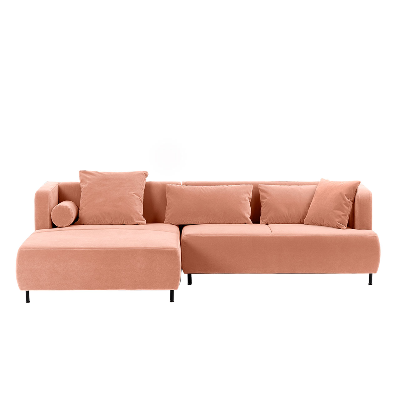 Garnitur von brühl aoyama bestehend aus einem Anstellsofa und einem breiten Longchair. An Anstellsofa und Longchair wurde jeweils eine Kopfstütze angebracht. Die Kombination ist in einem pfirsischfarbenen Stoff bezogen.