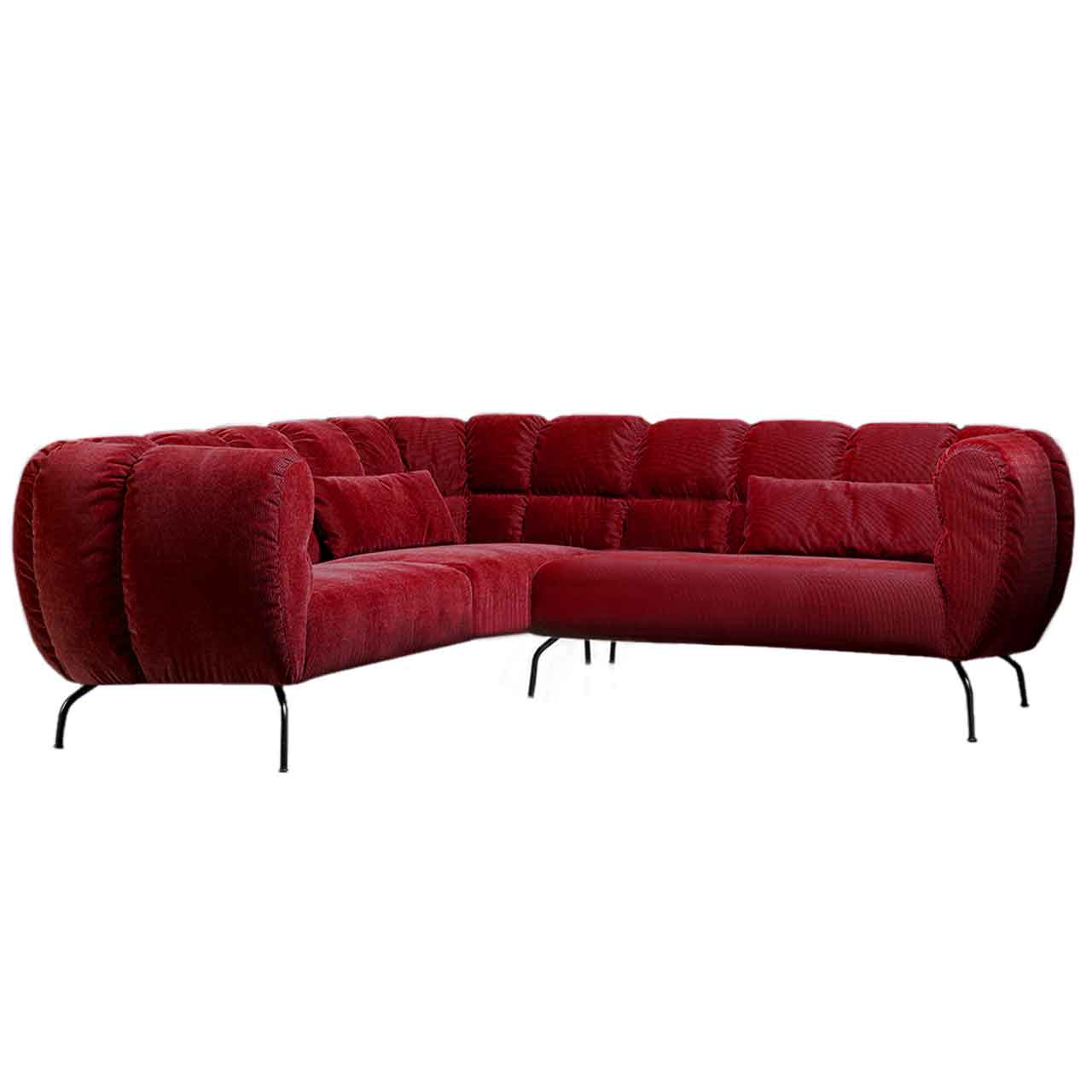 Eckgarnitur von brühl magnolia in dunkelrotem Stoff mit schwarzen Metallfüßen.
