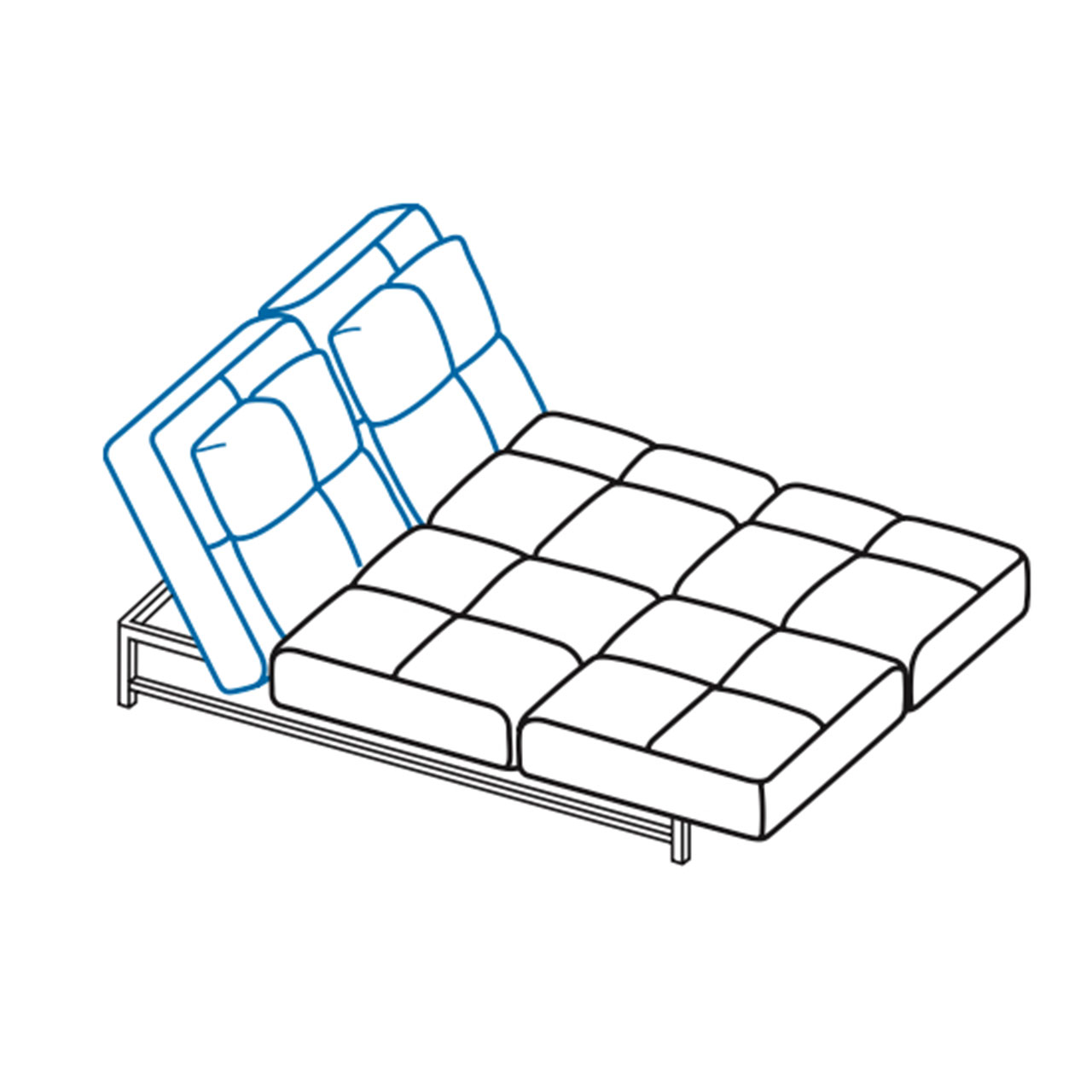 Maßzeichnung für das Multifunktionssofa cross over 74414 umgebaut zur Doppelliege mit Kopfteil links.