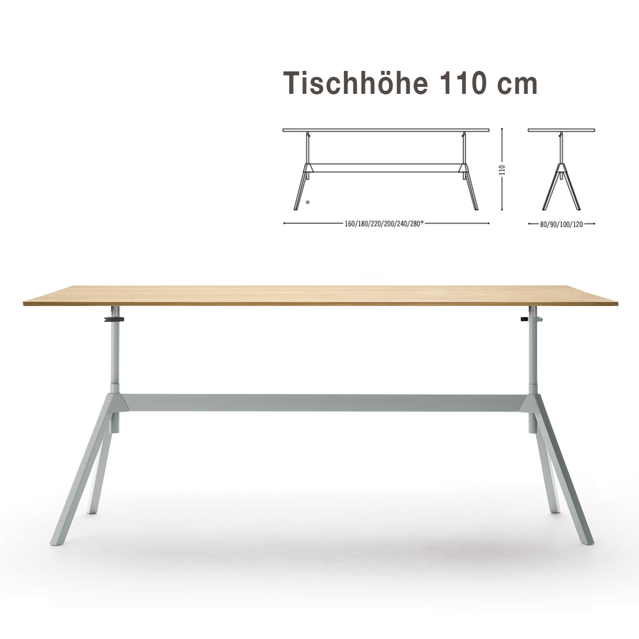 Tisch mit Tischplatte aus furniertem Holz auf weißem Gestell