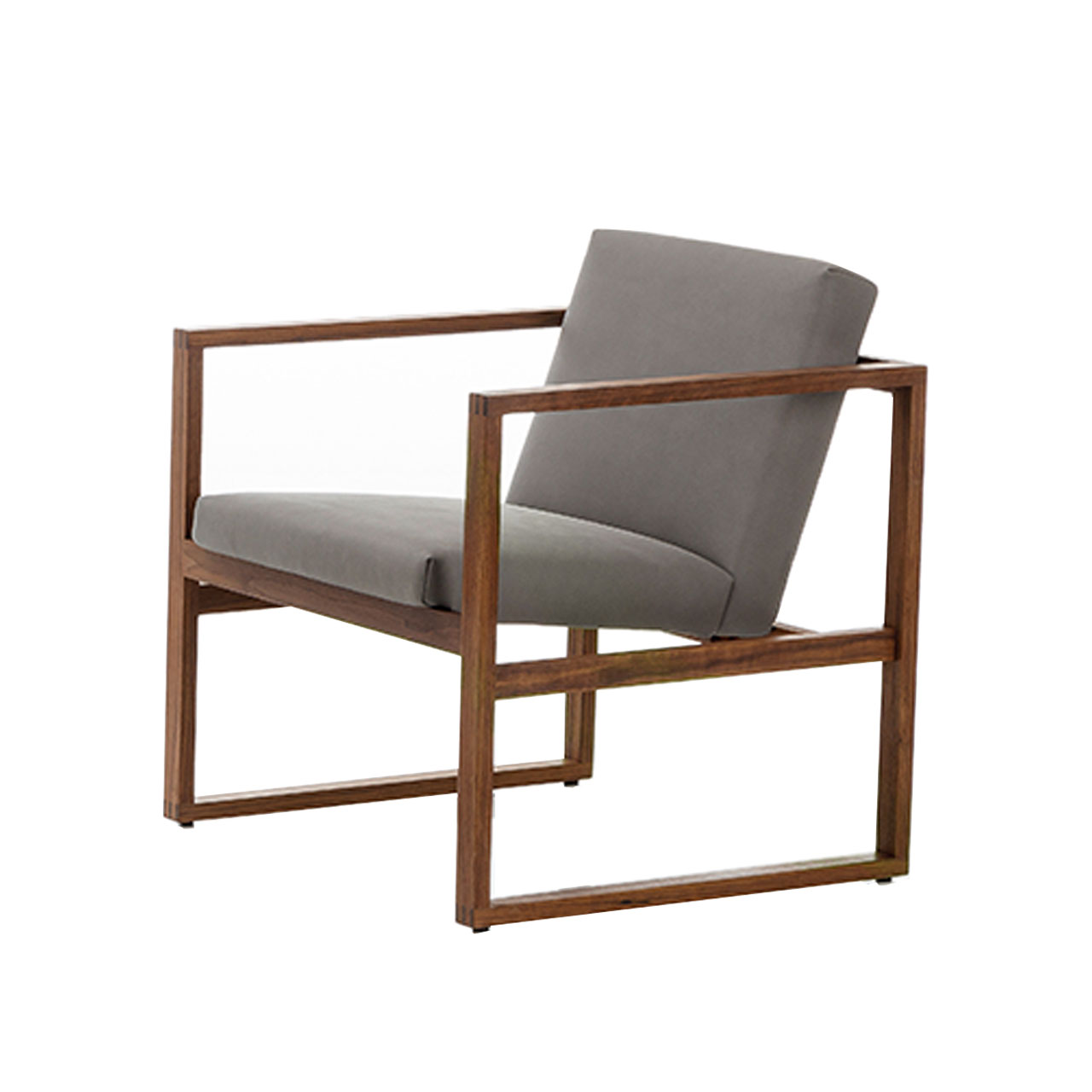 Sessel mit einem dunkelgrauen Stoffbezug. Das Untergestell ist aus dunklem Holz.