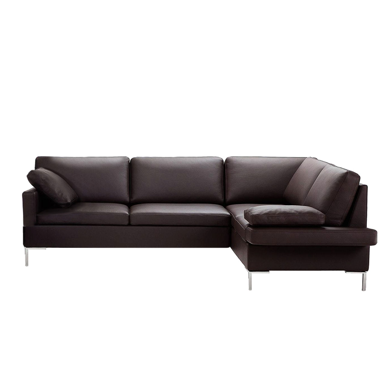 Braune Ledereckgarnitur mit Anstellsofa links und Eckanbausofa rechts.