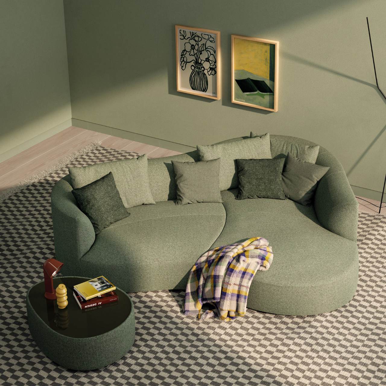 XXL Sofa aus grünem Stoff mit Liegefläche rechts