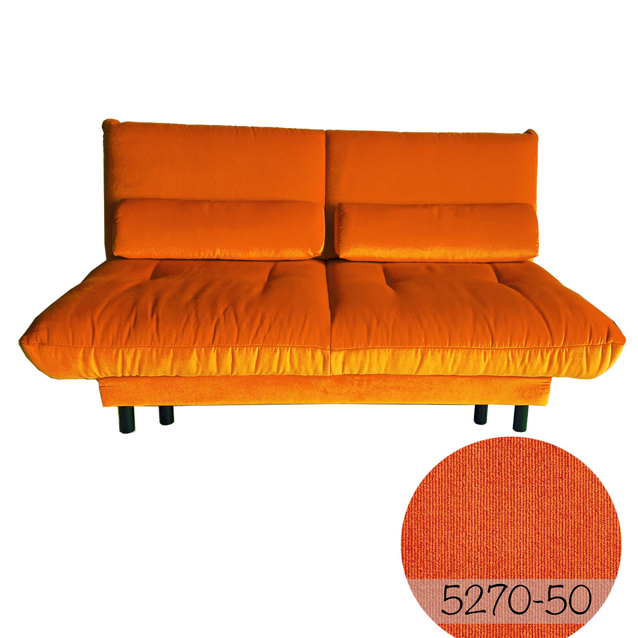 Schlafsofa in orangenem Velourstoff mit zwei schmalen Kissen.