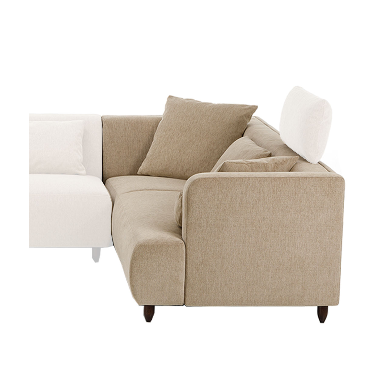 Eckanbausofa mit konisch geformten Holzfüßen.