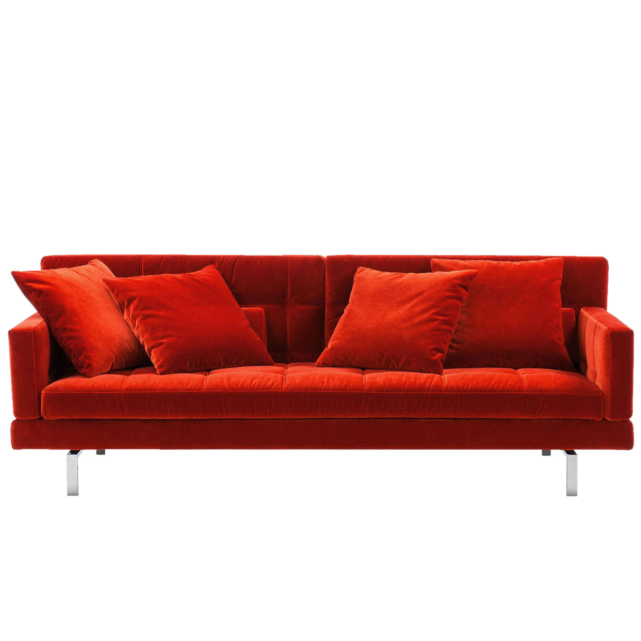 Rotes Sofa mit schmalen, halbhohen Armlehnen.