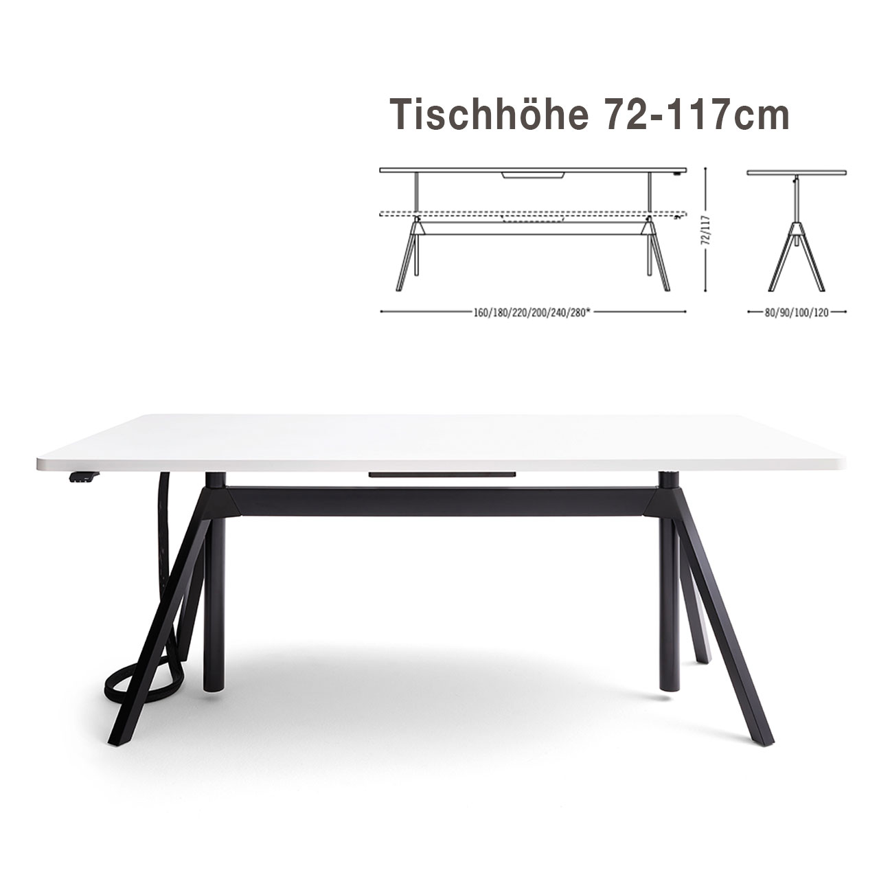 Tisch mit schwarzem Zargengestell und weißer rechteckiger Tischplatte. Ein Kabel ragt aus der Tischunterseite heraus.