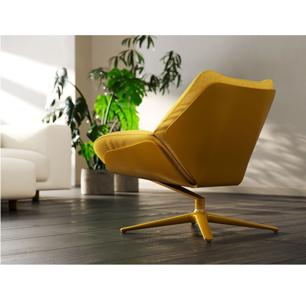 Sessel von der Seite. Der Cocktailsessel hat nur einen  Einschnitt in der Schale