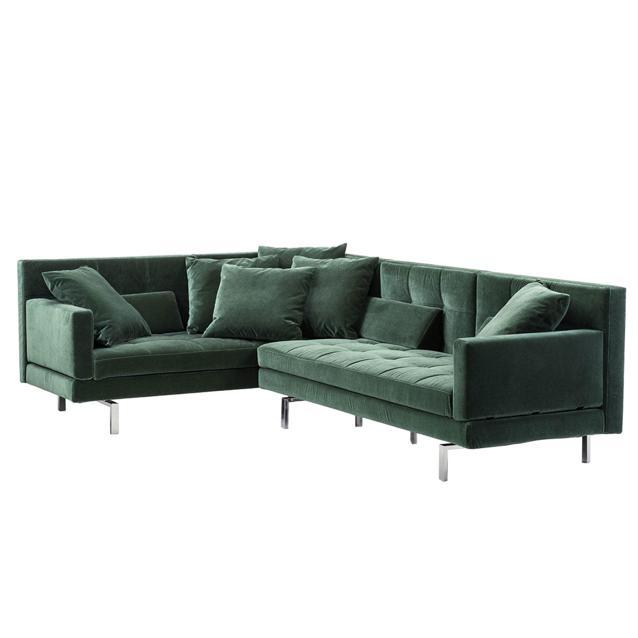 Grüne Eckgarnitur mit schmalen halbhohen Armlehnen.