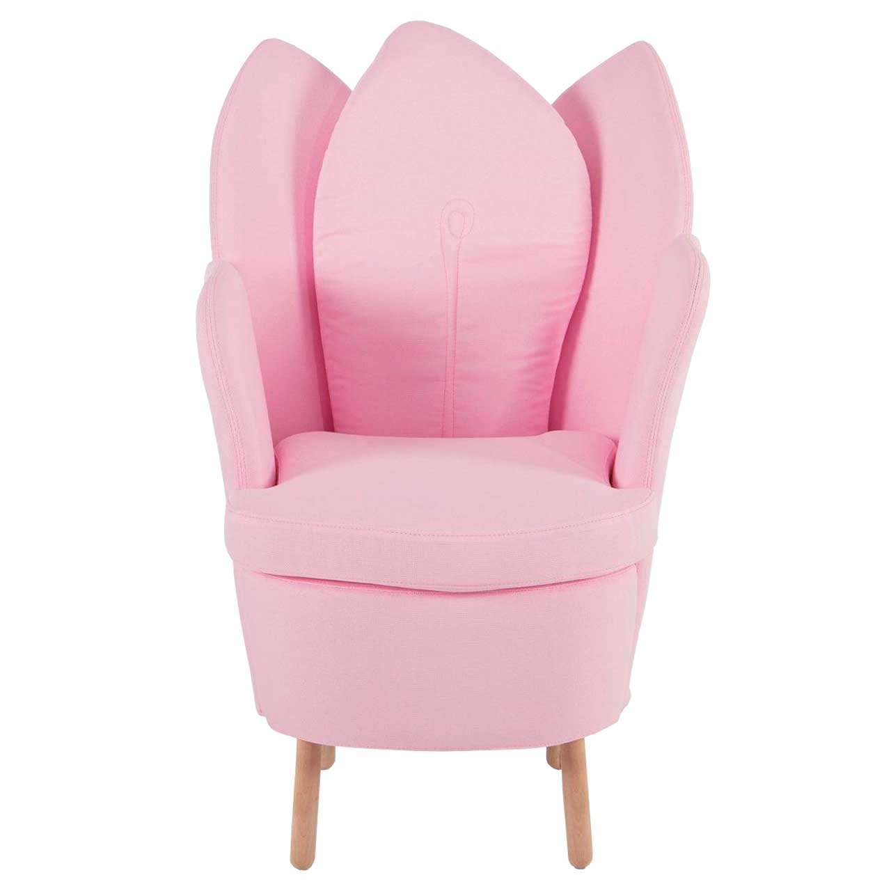 Rosafarbener Sessel mit Beinen in Eiche hell. Der Sessel hat eine floral geformte Rückenlehne.