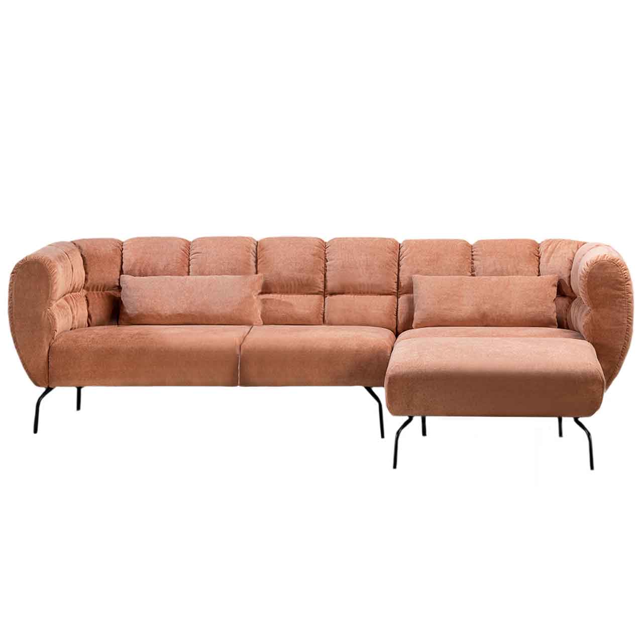 Eckgarnitur von brühl magnolia mit Longchair rechts in rotbraunem Leder mit schwarzen Füßen.