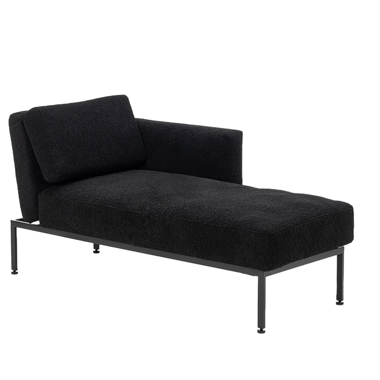 Schmaler Longchair der Serie roro small spring mit verschiebbarer Armlehne rechts in schwarzem Stoff.