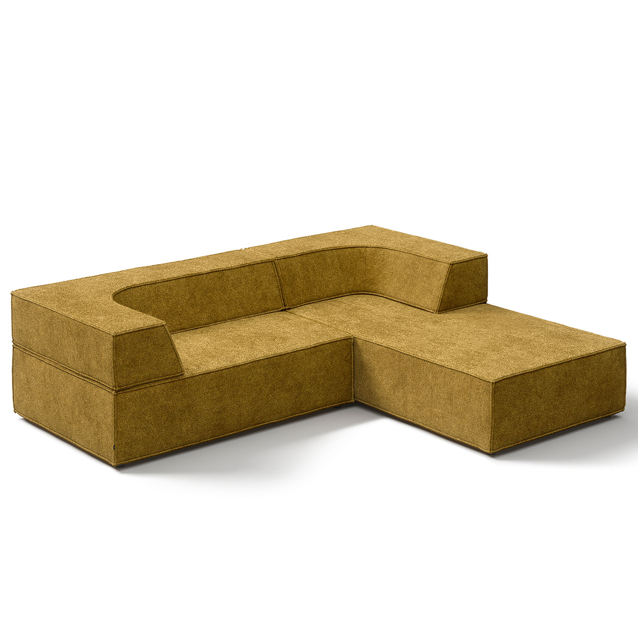 Polsterecke aus gelbem Stoff: Links kürzeres Element mit längerer Rückenlehne als Sitzfläche. Rechts das längere Element mit kurzer Rückenlehne dient als Ottomane.