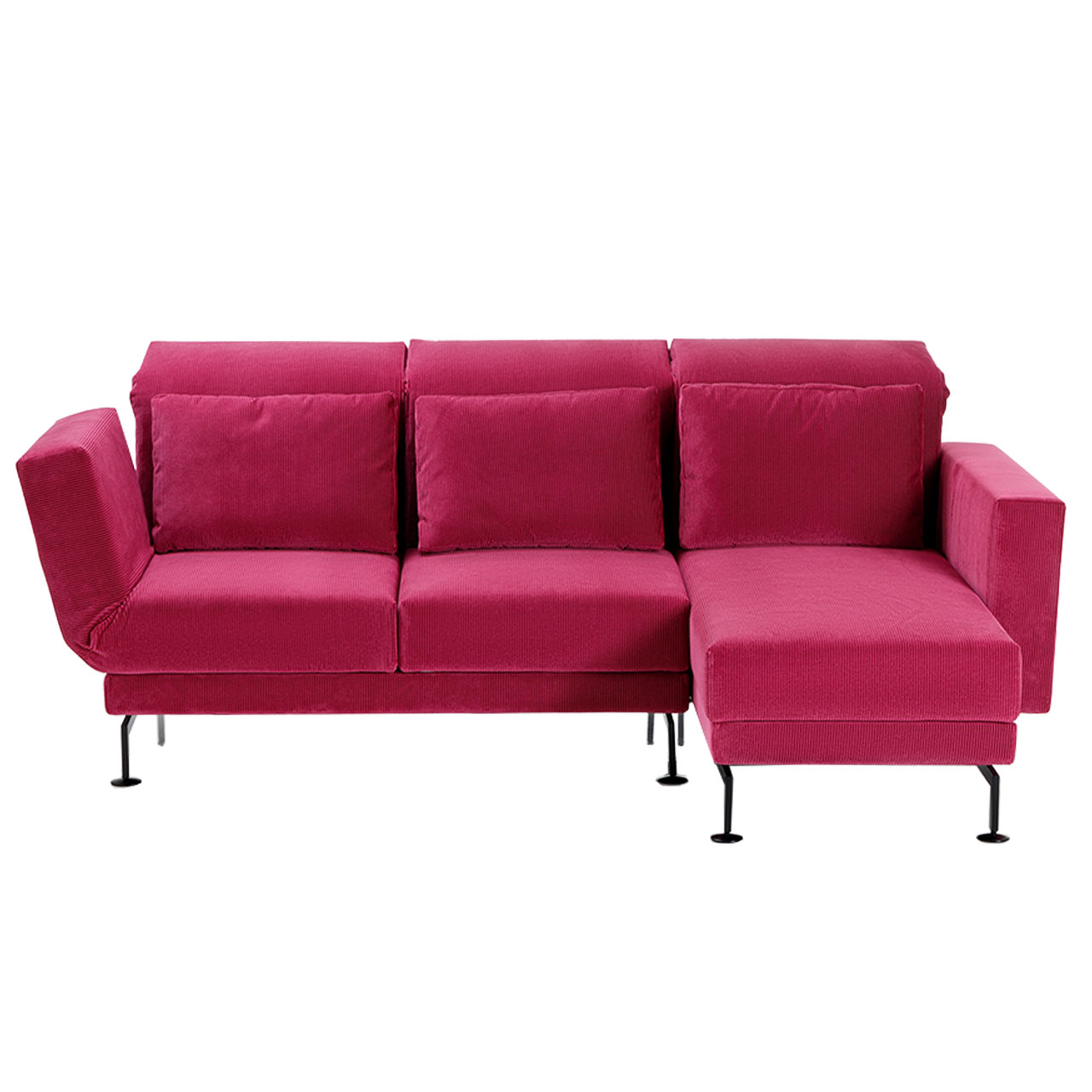 Brombeerfarbene Garnitur bestehend aus Longchair rechts und Anstellsofa links.