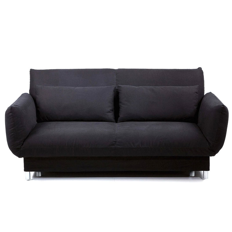 Schwarzes Sofa mit zwei Sitzen in schwarzem Stoff.