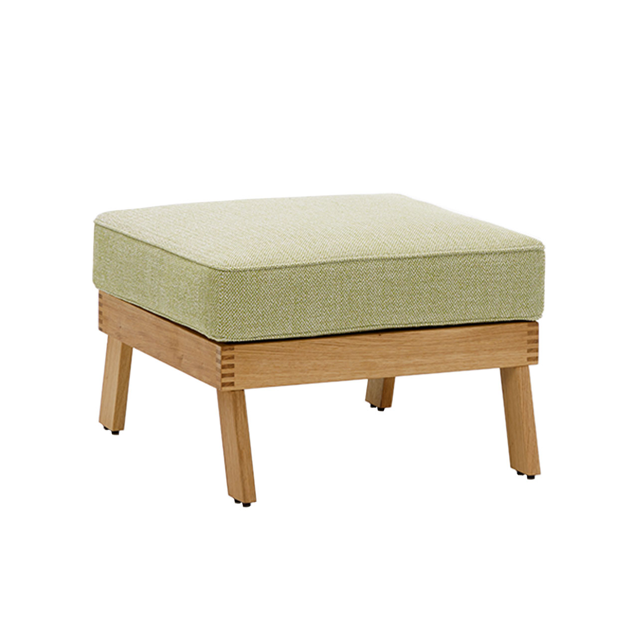 Rechteckiger Hocker mit Untergestell in Eiche hell. Das Polster ist in einem hellen grün.